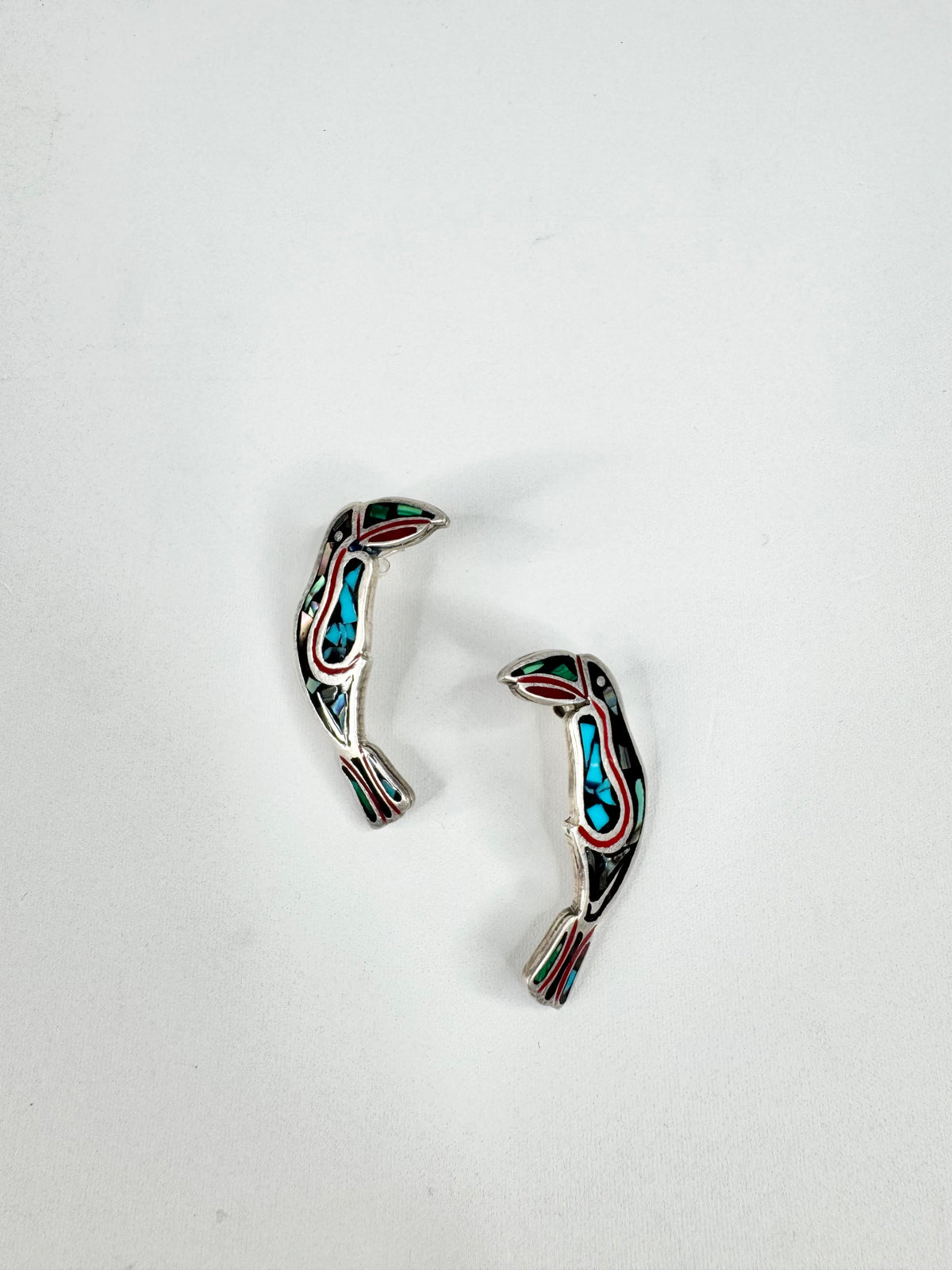 Vintage Taxco Silver Malachite & Enamel Toucan Earrings