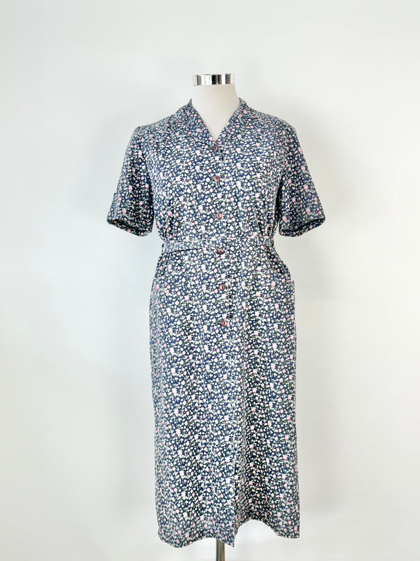 Vintage 80s Styled by David Tosol Blue Floral Dress - AU12