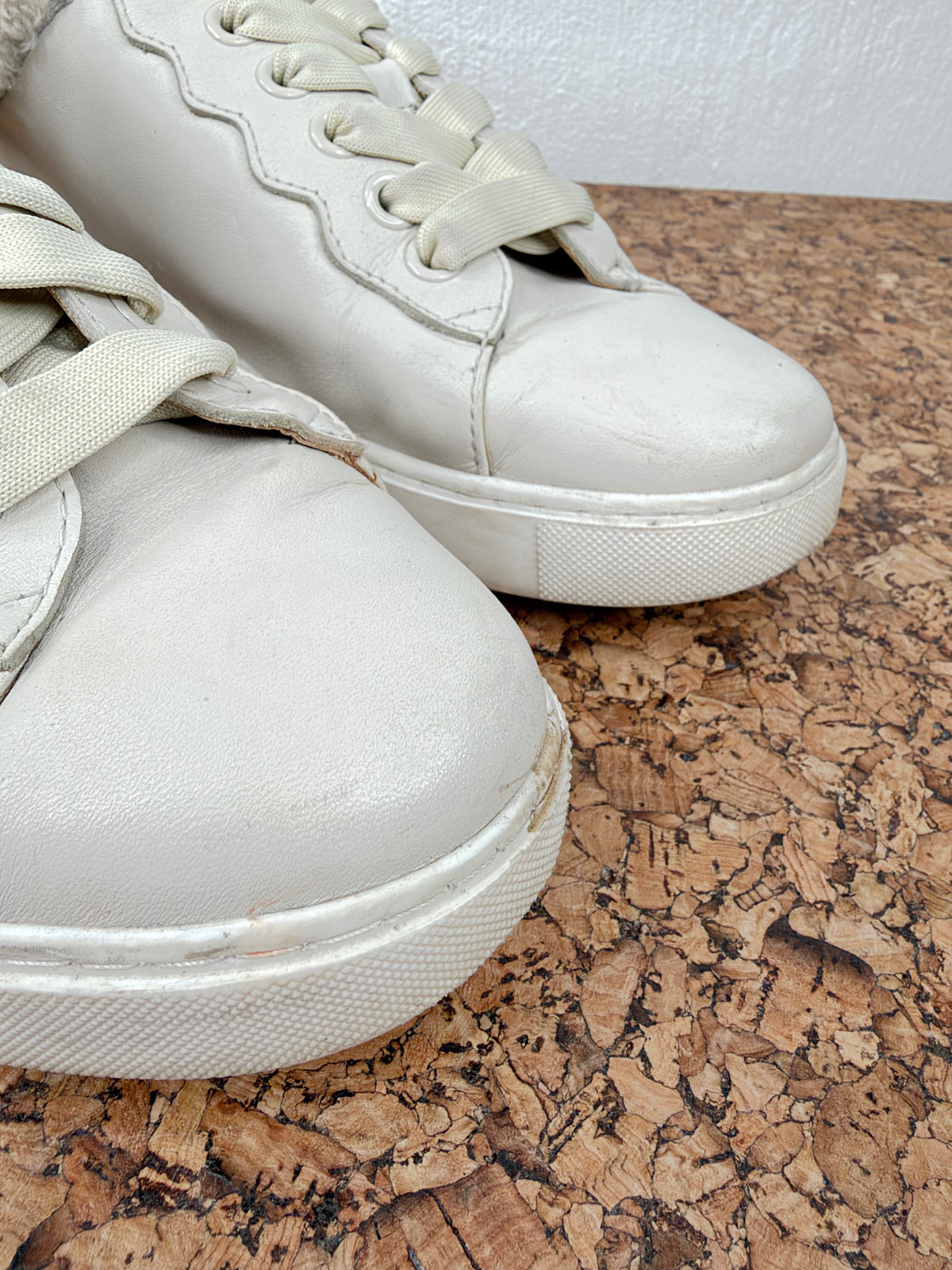 See by Chloé Ecru Shearling Trim Leather Lace Up Sneakers - EU40
