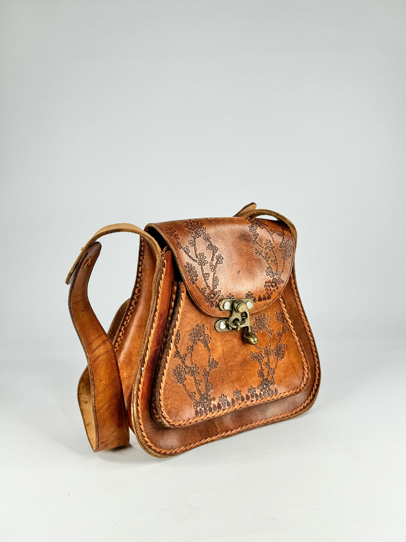 Hand Made Tan Cherry Blossom Stamped Leather Cross Body Bag