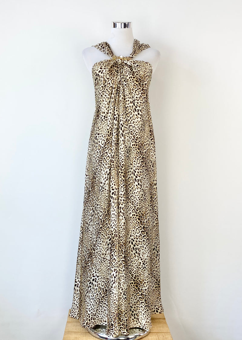 Class Roberto Cavalli Cross Back Leopard Print Silk Midi Dress - AU8/10