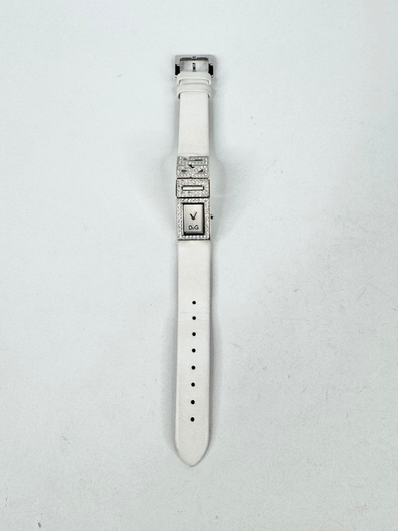 D&G White Leather 'DG' Crystal Embellished Watch