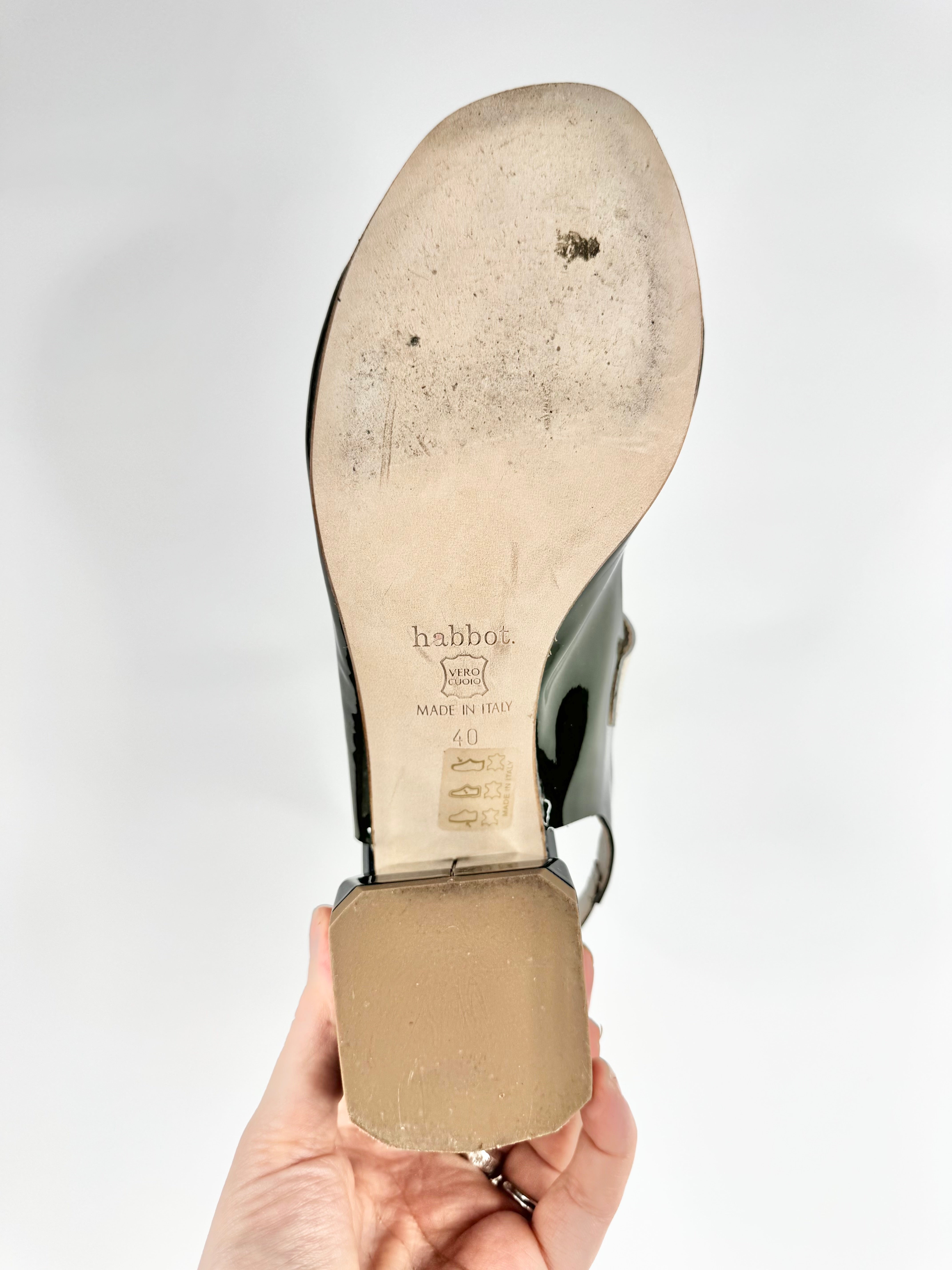 Habbot Dark Green, Navy & Beige 'Luca' Patent Leather Low Block Heel Sandals - EU40
