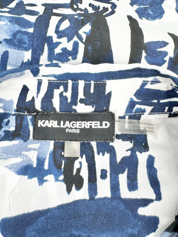 Karl Lagerfeld Blue & White Watercolour Illustrated Blouse - AU10/12