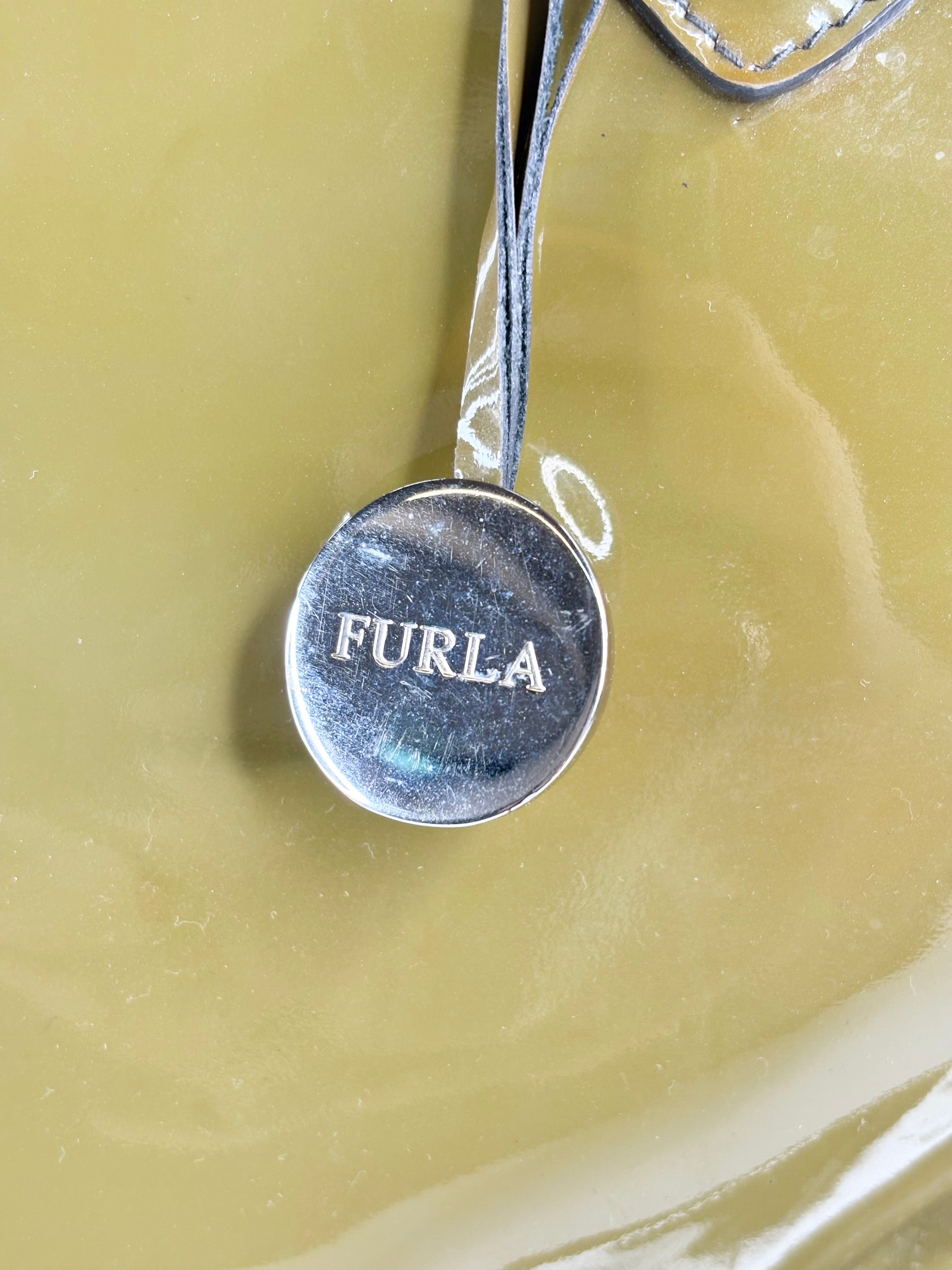 Furla Olive Green Patent Leather Bowling Bag