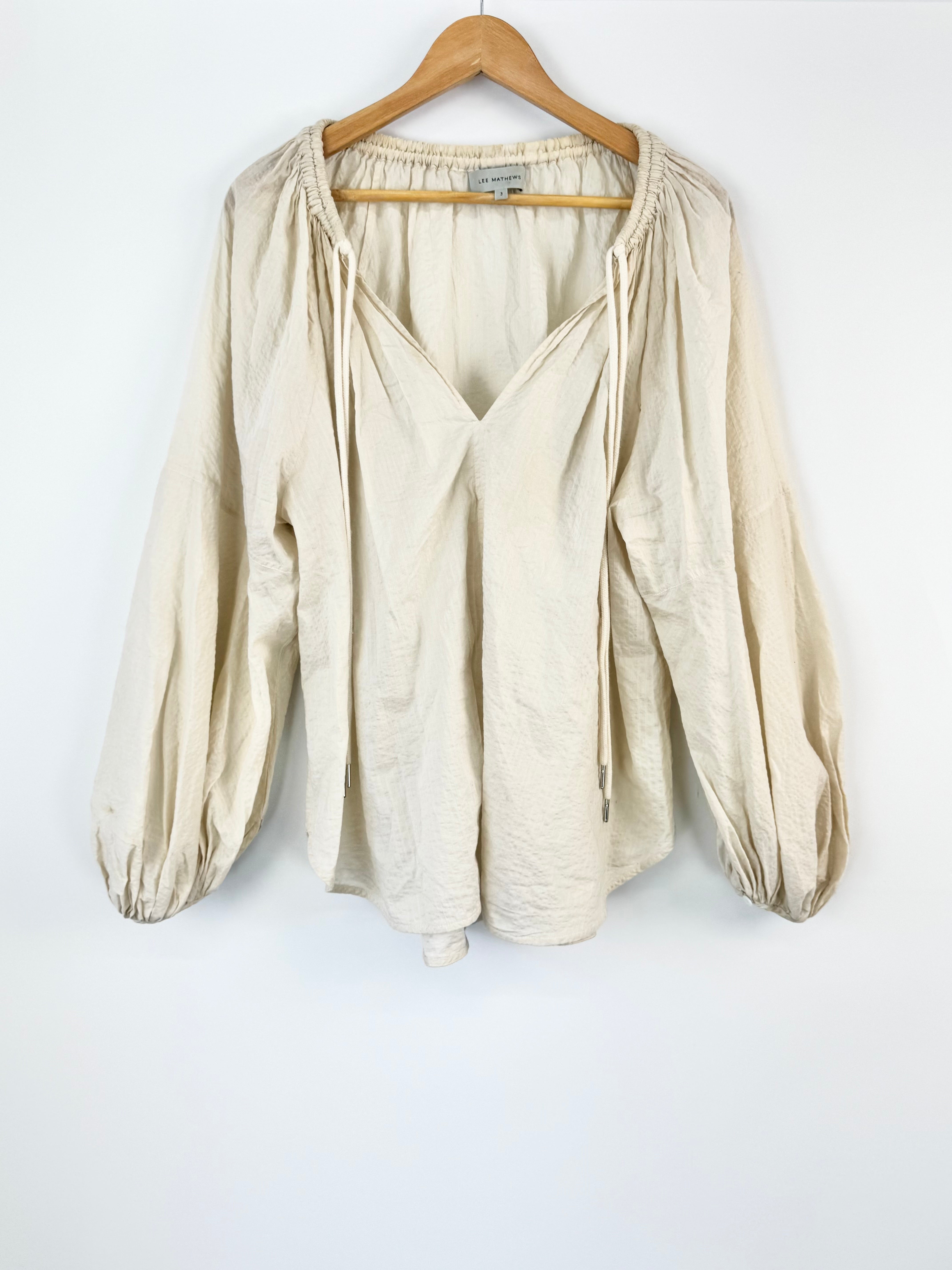 Lee Mathews Cream Seersucker Peasant Blouse - AU12/14