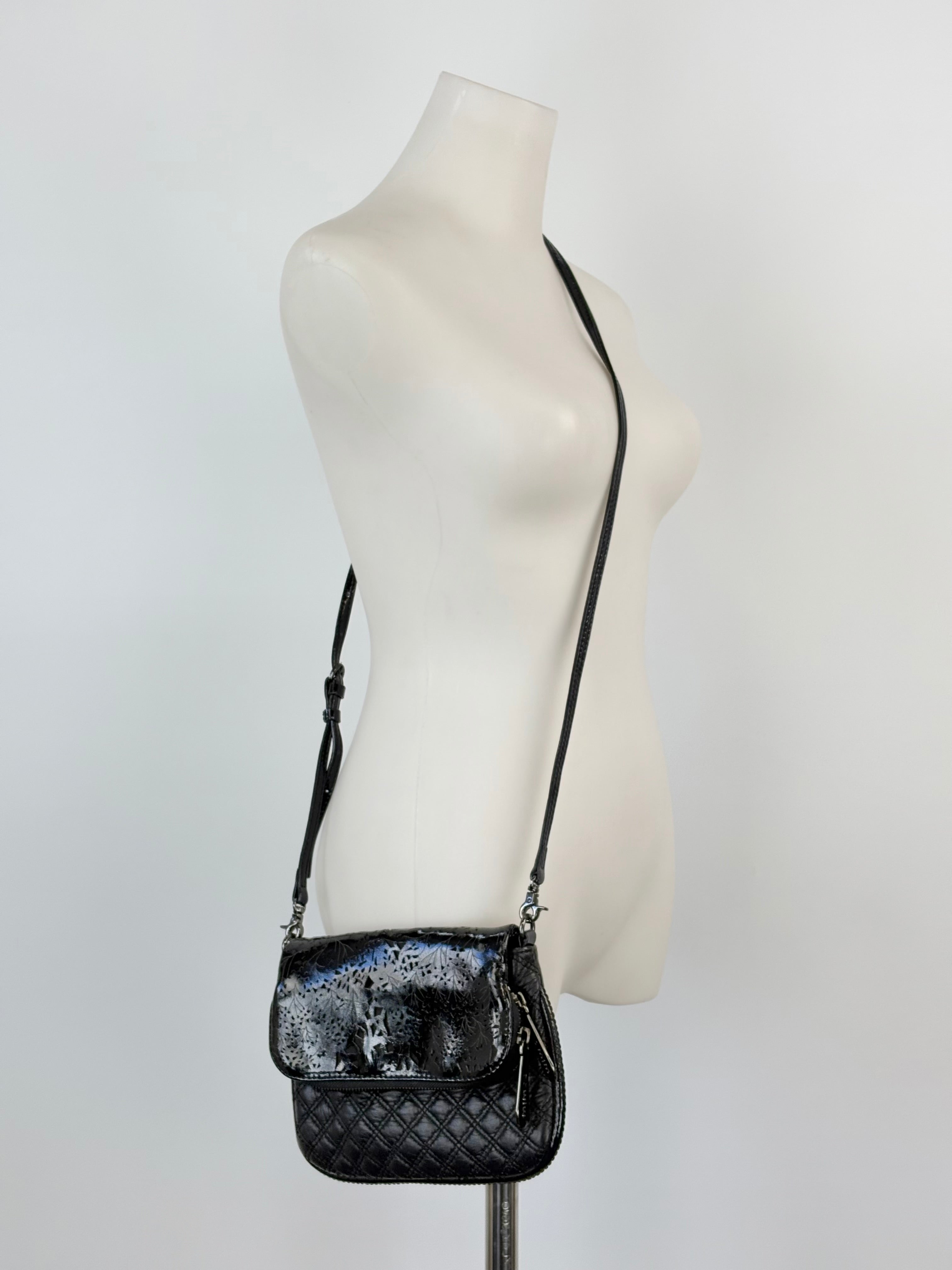 Mimco Black Quilted & Laser Cut Leather Mini Crossbody Bag