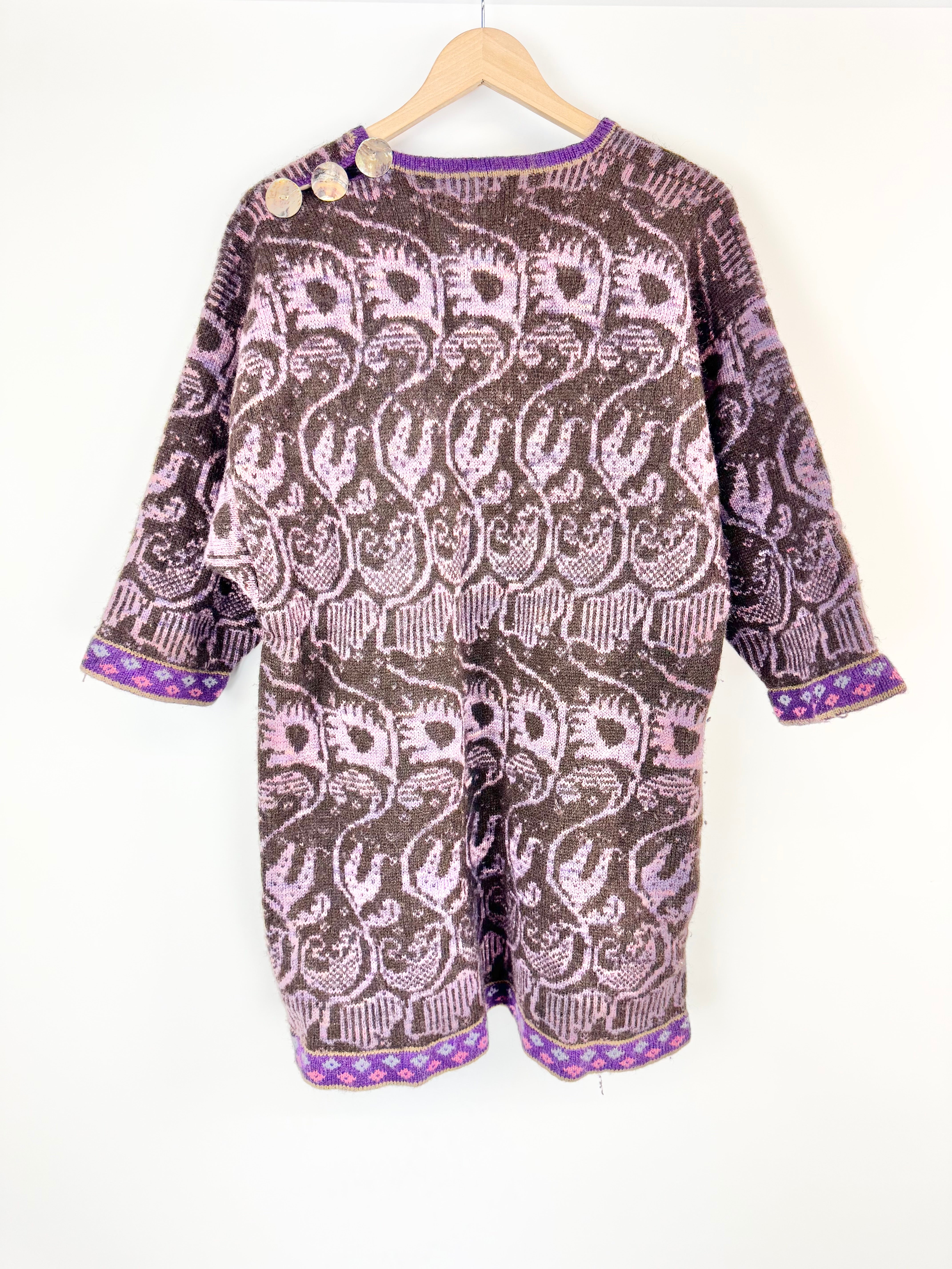 Christine Elliot Grey Purple and Brown Patterned Wool Dress - AU10