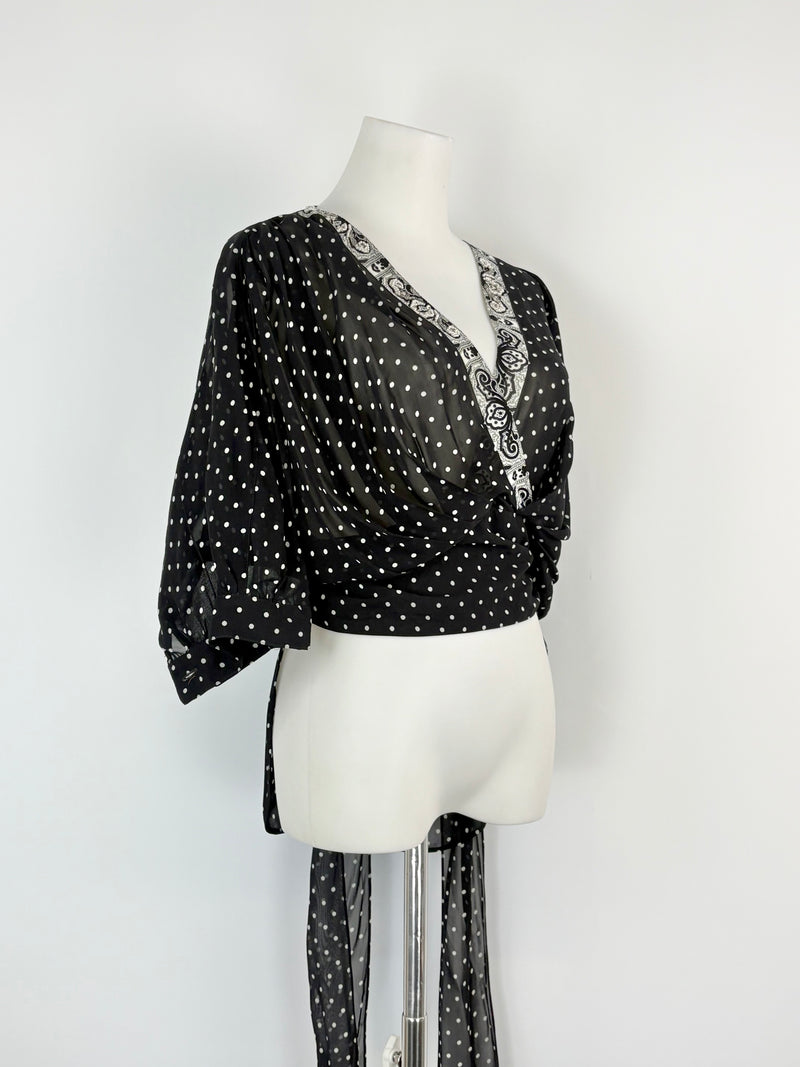 Maria Grazia Severi Black & White Dotted Sheer Wrap Blouse - AU10