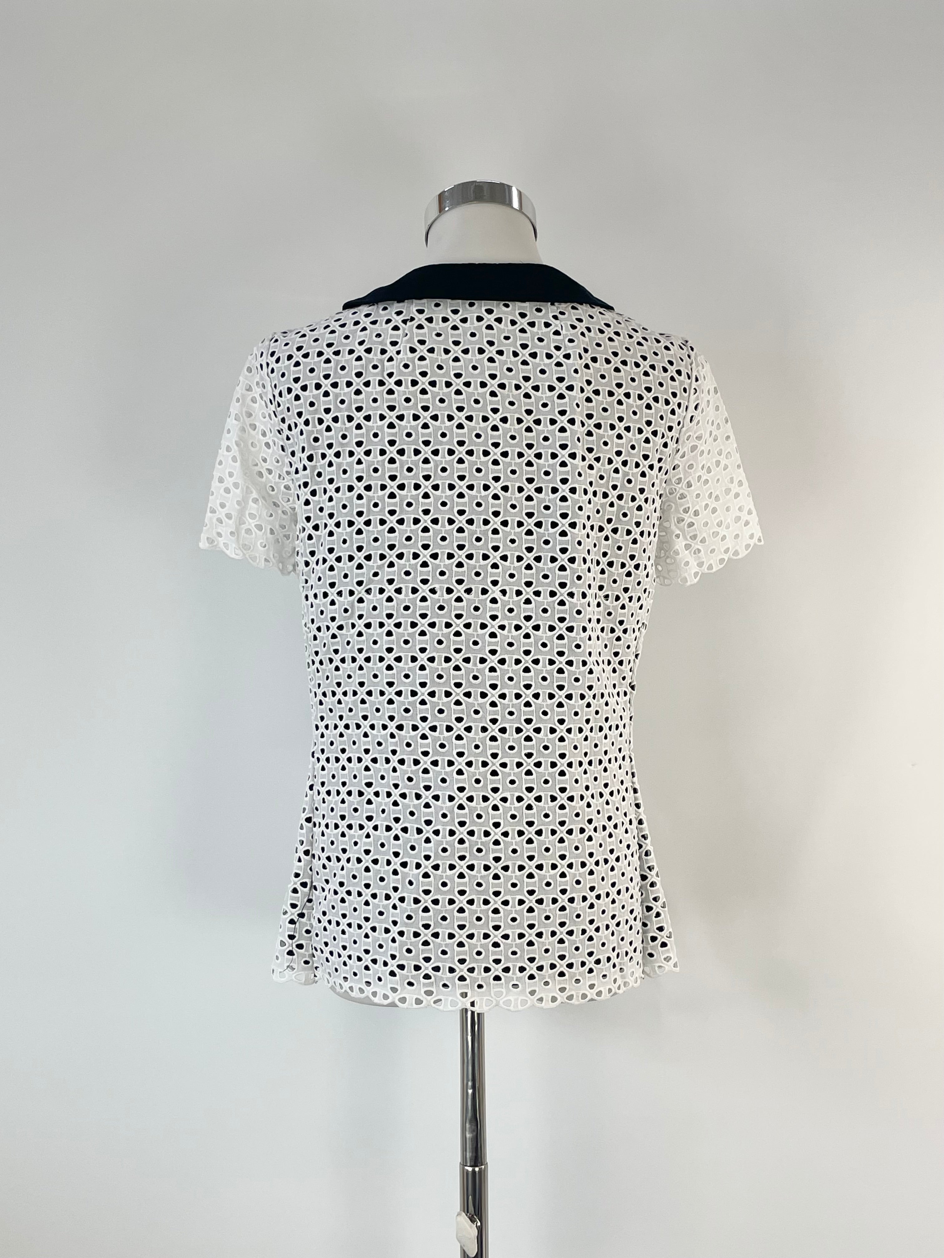 Jaeger White Lace & Black Sheer Short Sleeve Top - AU10
