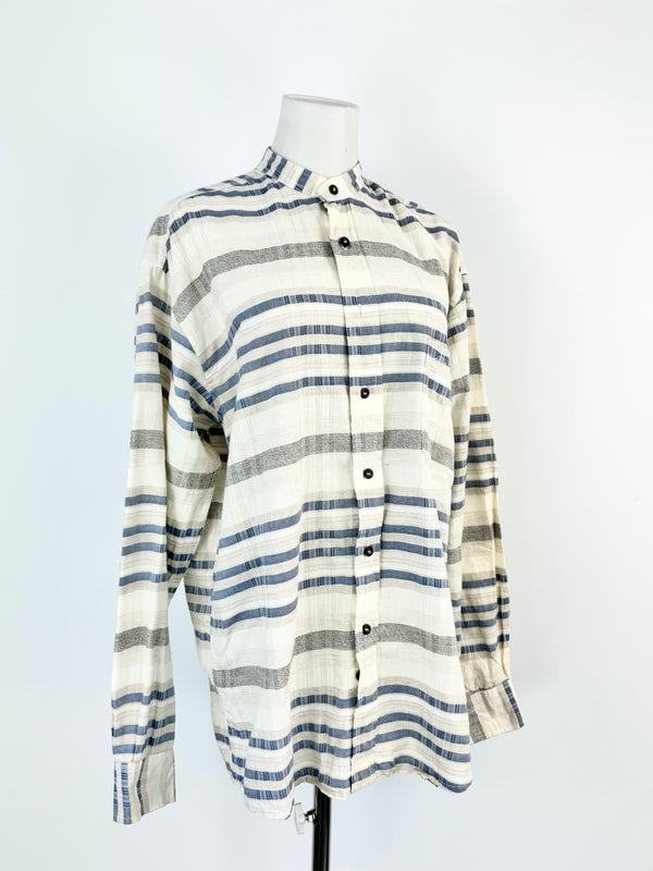 Vintage Christian Dior Monsieur Blue, Cream & Grey Striped Shirt - M/L