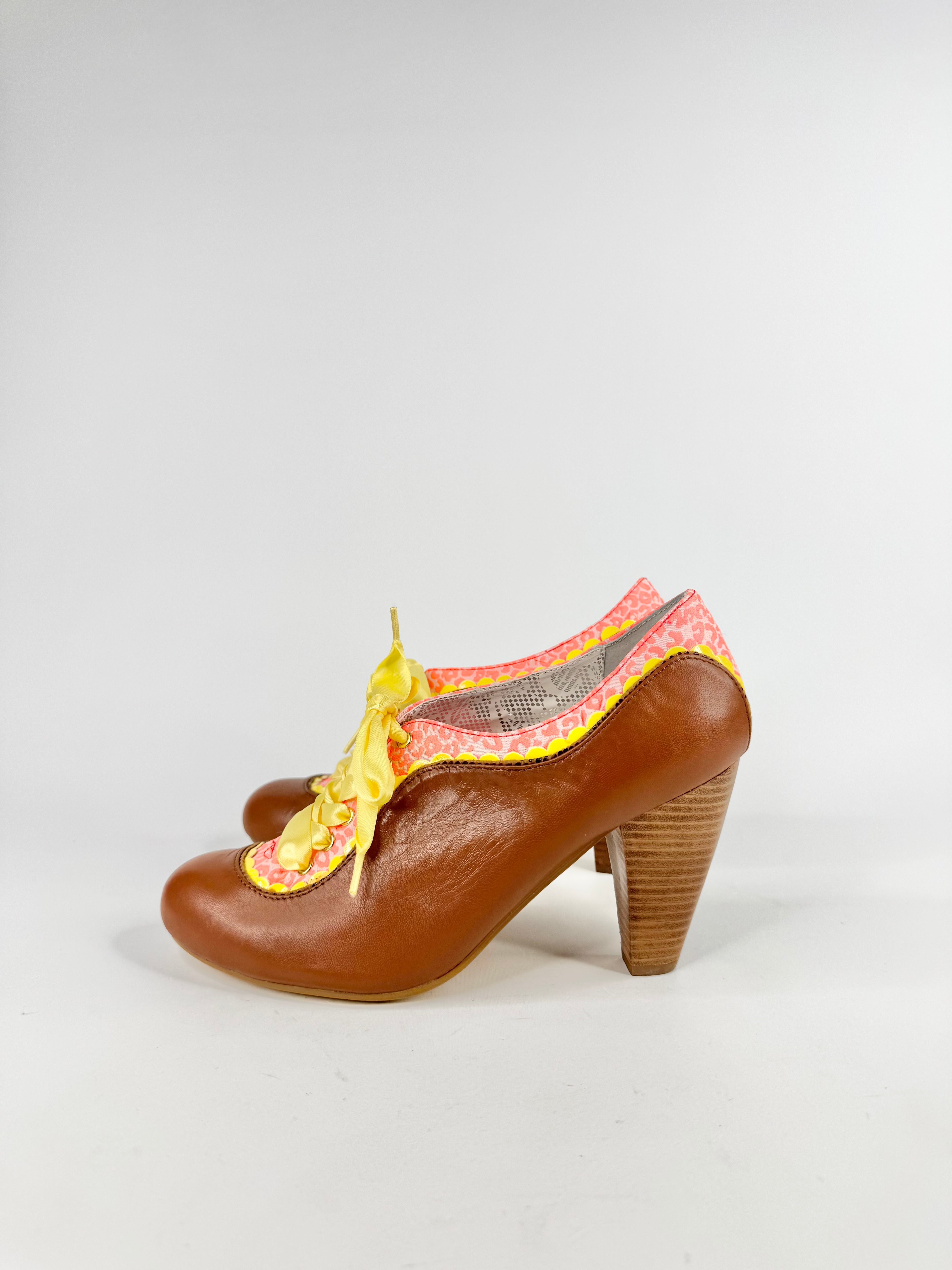Poetic Licence Tan, Yellow & Pink Ribbon Lace Heels - EU40.5