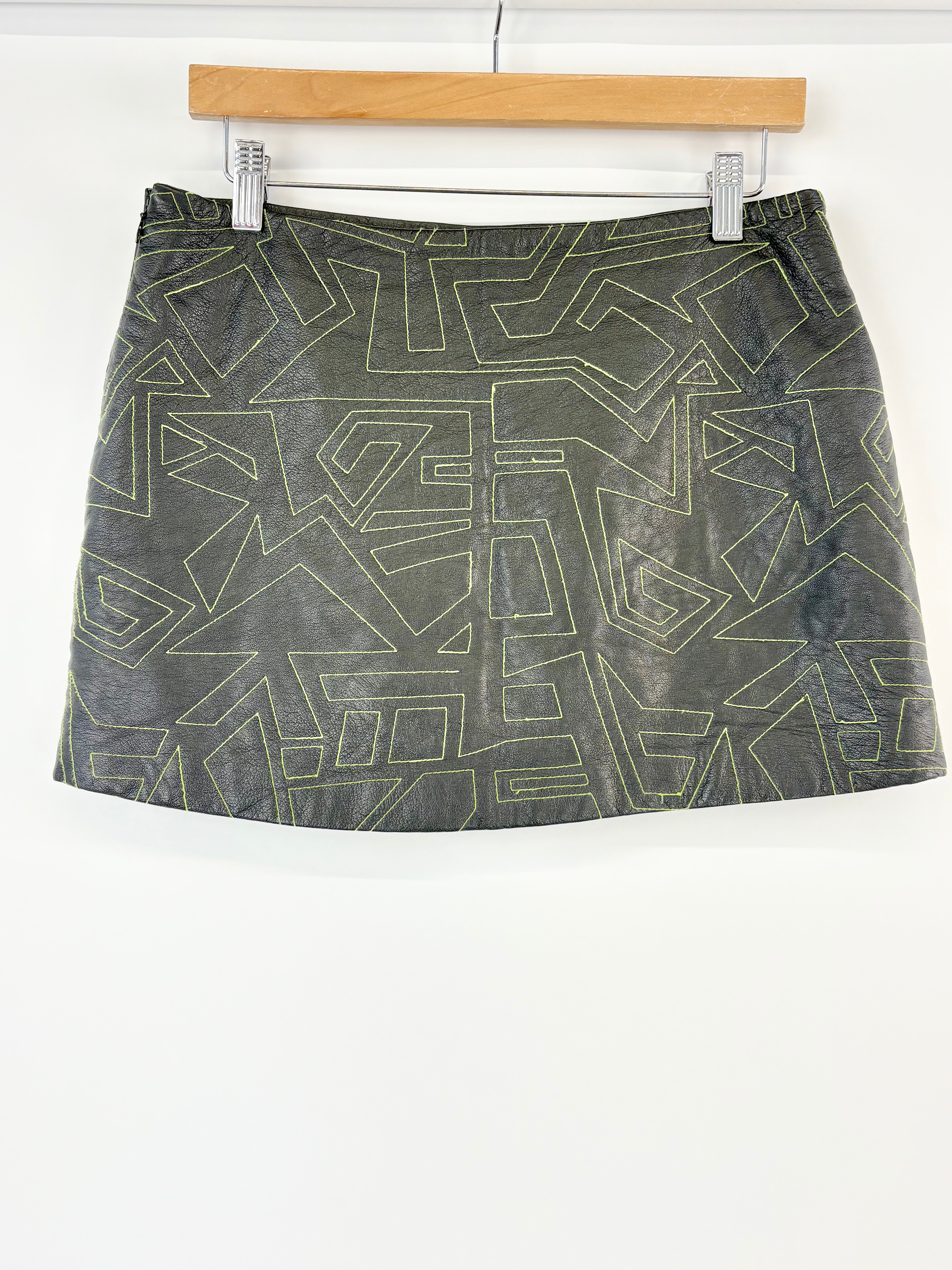 Rocky Rafaela Black & Lime Leather Mini Skirt - AU10/12