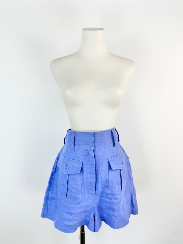 Zimmermann Cornflower Blue Linen High Waisted Shorts - AU8/10