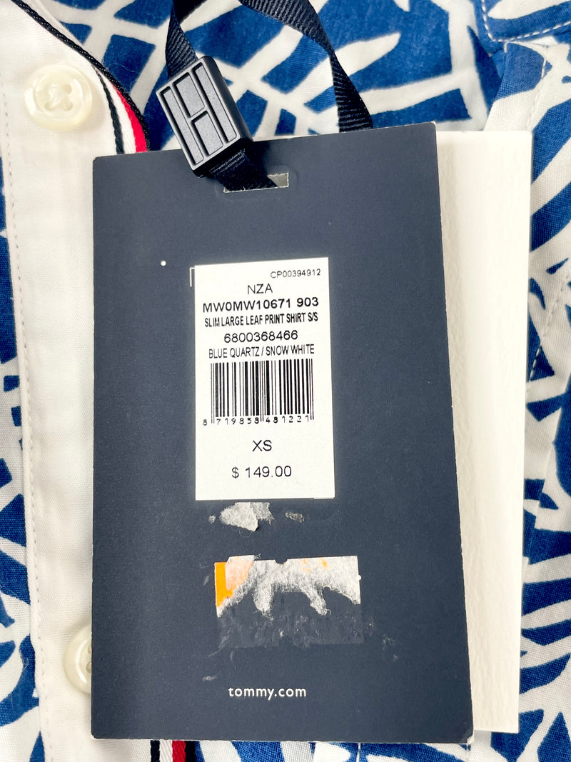 Tommy Hilfiger Quartz Blue & White Leaf Print Short Sleeve Shirt - XS