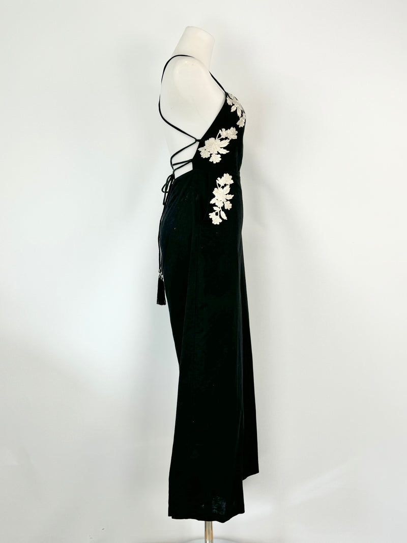 Zimmermann Black Linen Floral Embroidered Backless Jumpsuit - AU6/8