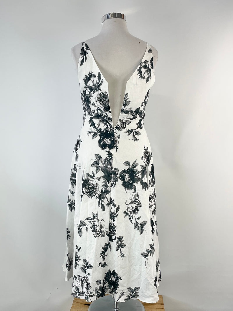 Veronika Maine White & Black Floral Linen Midi Dress - AU12