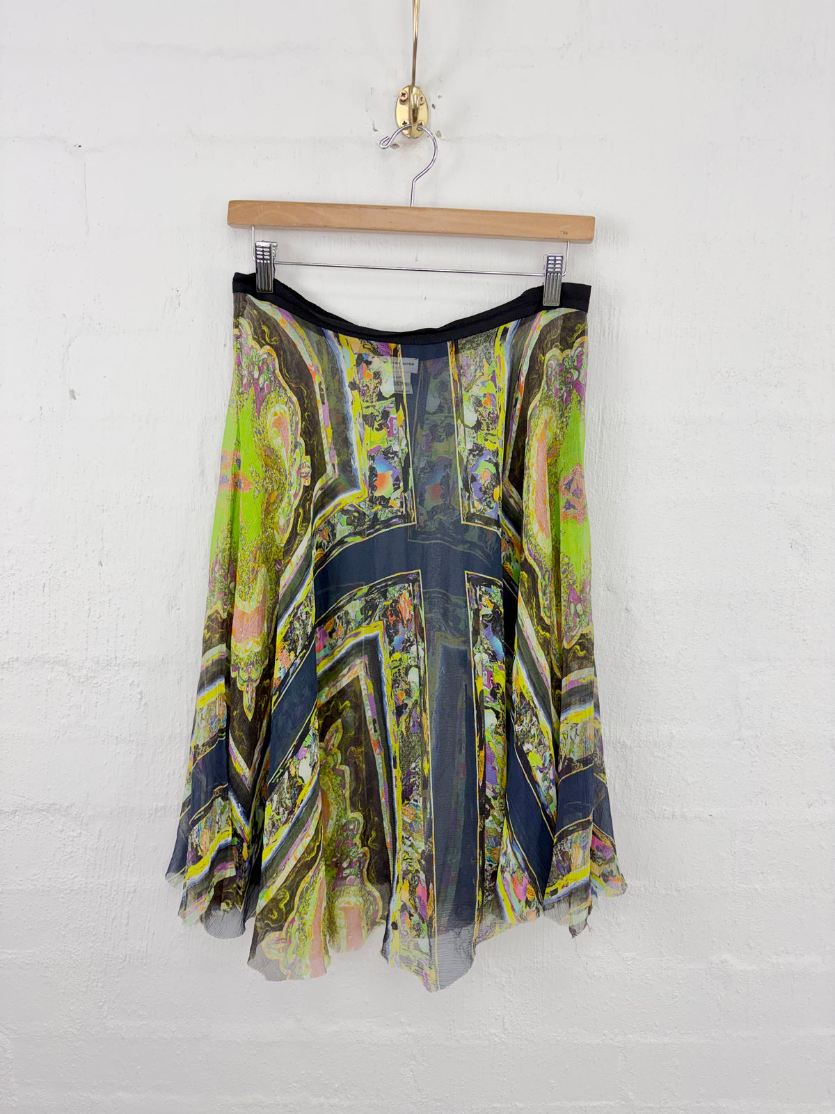 Dries Van Noten Sheer Green & Black Patterned Asymmetrical Silk Skirt - AU10/12