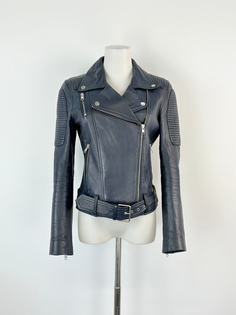Ena Pelly Navy Blue Biker-Style Leather Jacket - AU6/8