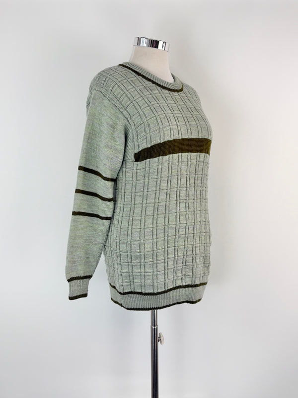 Hand-Made Wool Knit Sage Striped Sweater - AU12