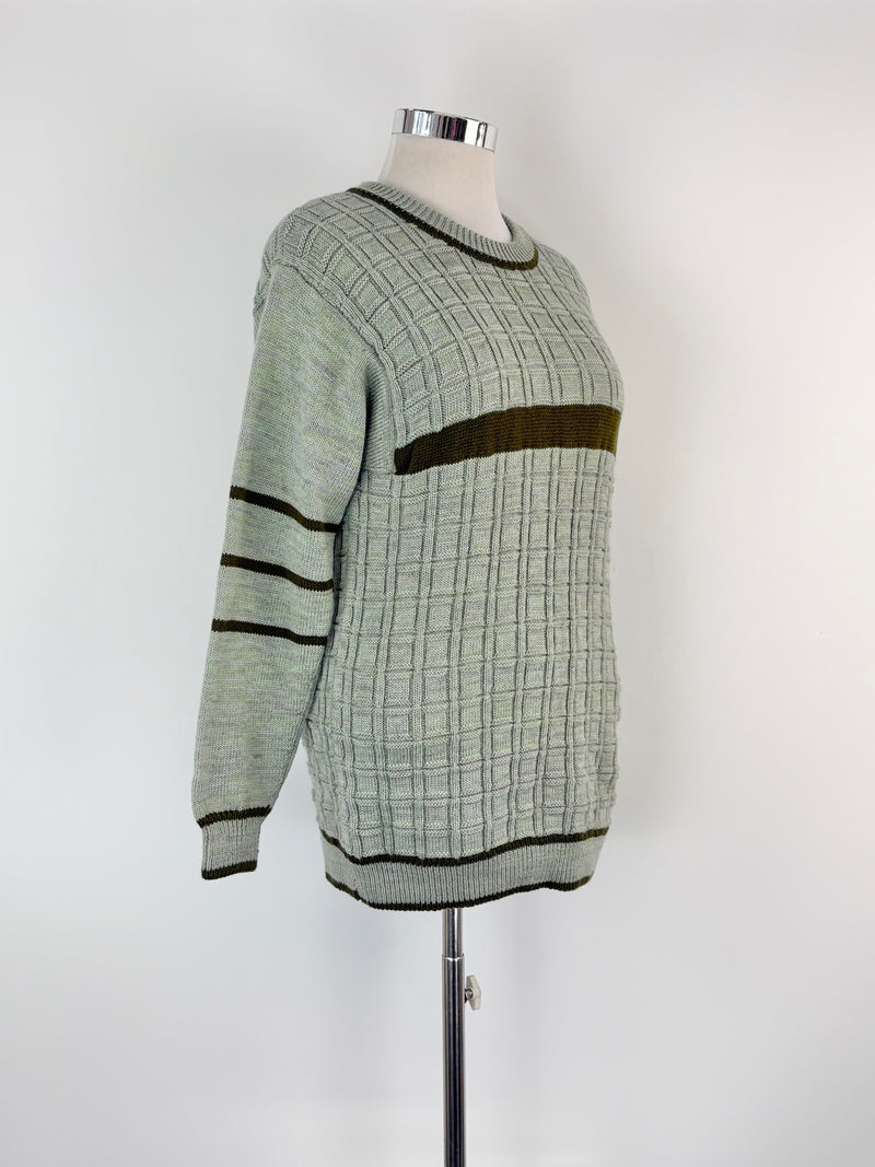 Hand-Made Wool Knit Sage Striped Sweater - AU12