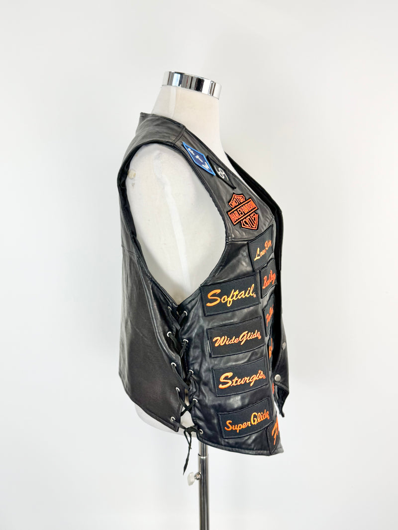 Vintage Harley Davidson Black Leather Patched Vest - XXL