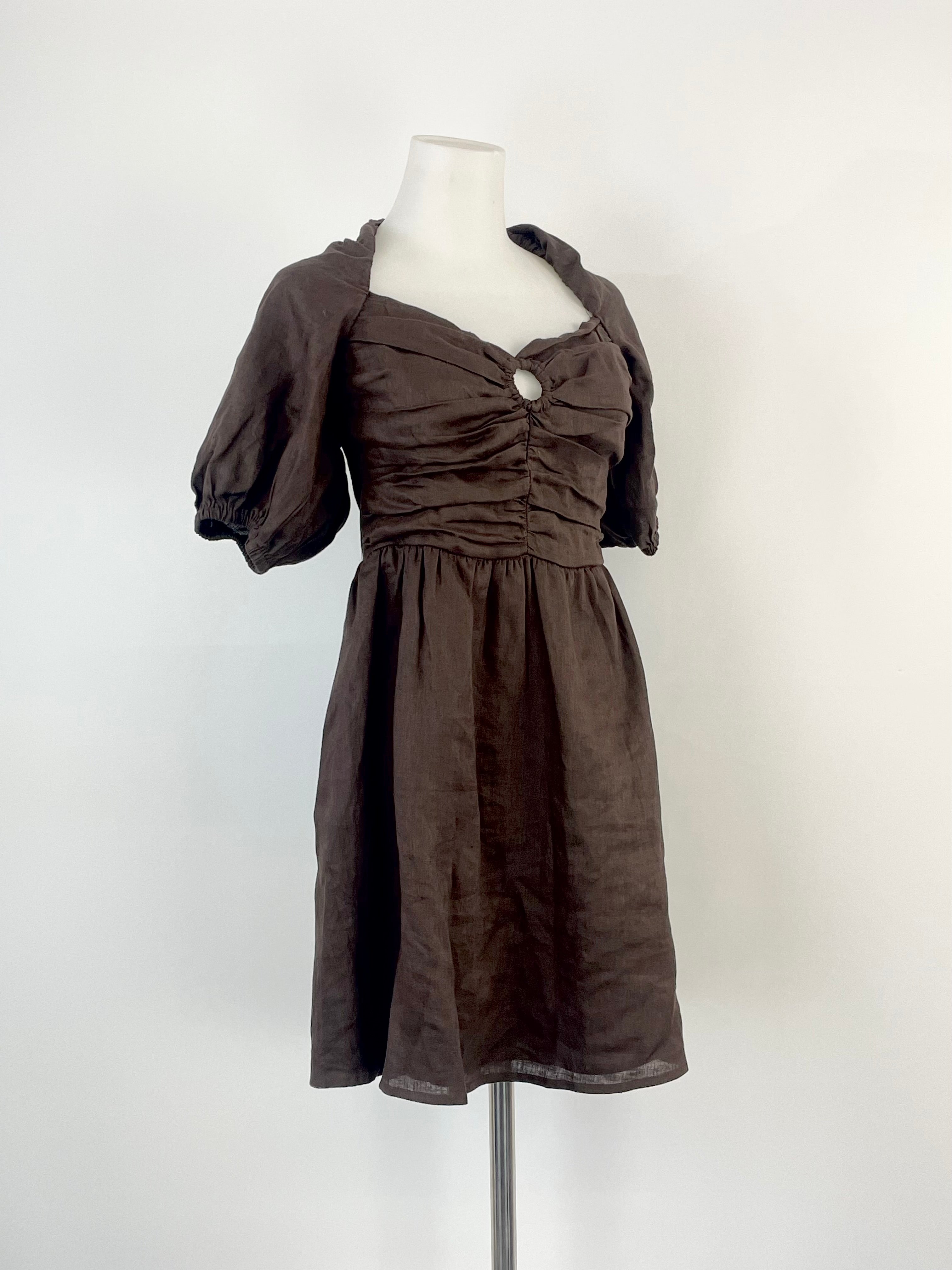 Dissh Dark Chocolate Brown 'Sweeney' Linen Puff-Shoulder Mini Dress - AU8