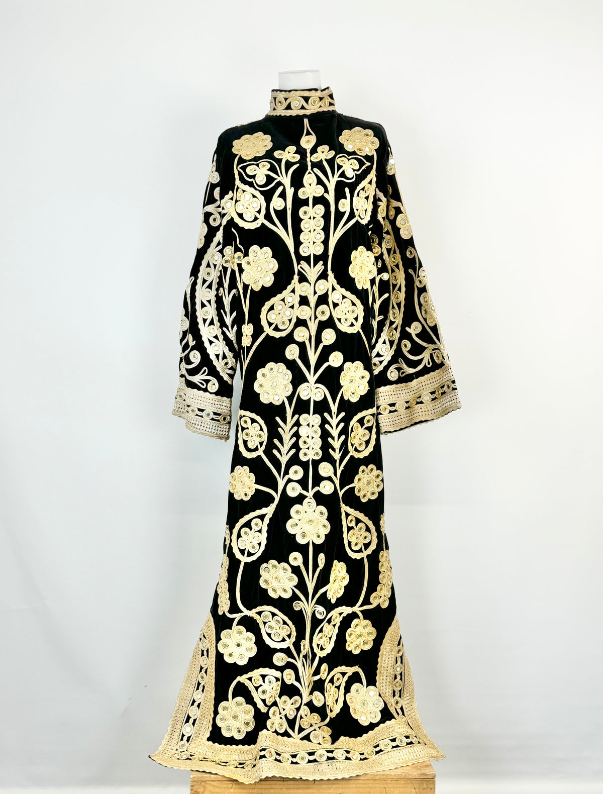 Vintage 70s Black Velvet & Gold Mirror Embellished Maxi Dress - AU10
