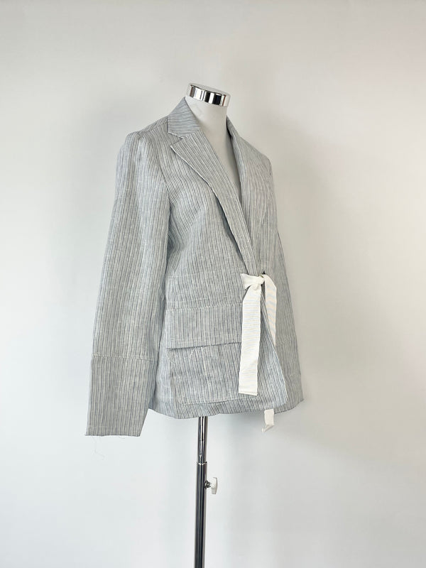 Lee Mathews Silver & White 'Harrington' Stripe Linen Jacket - AU8