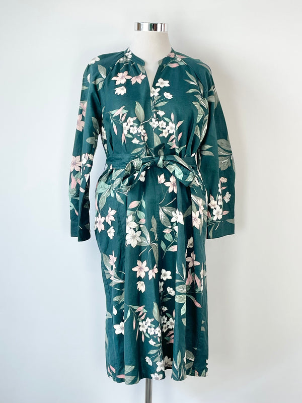 Trenery Seaweed Green Botanical Print Linen Blend Dress - AU16