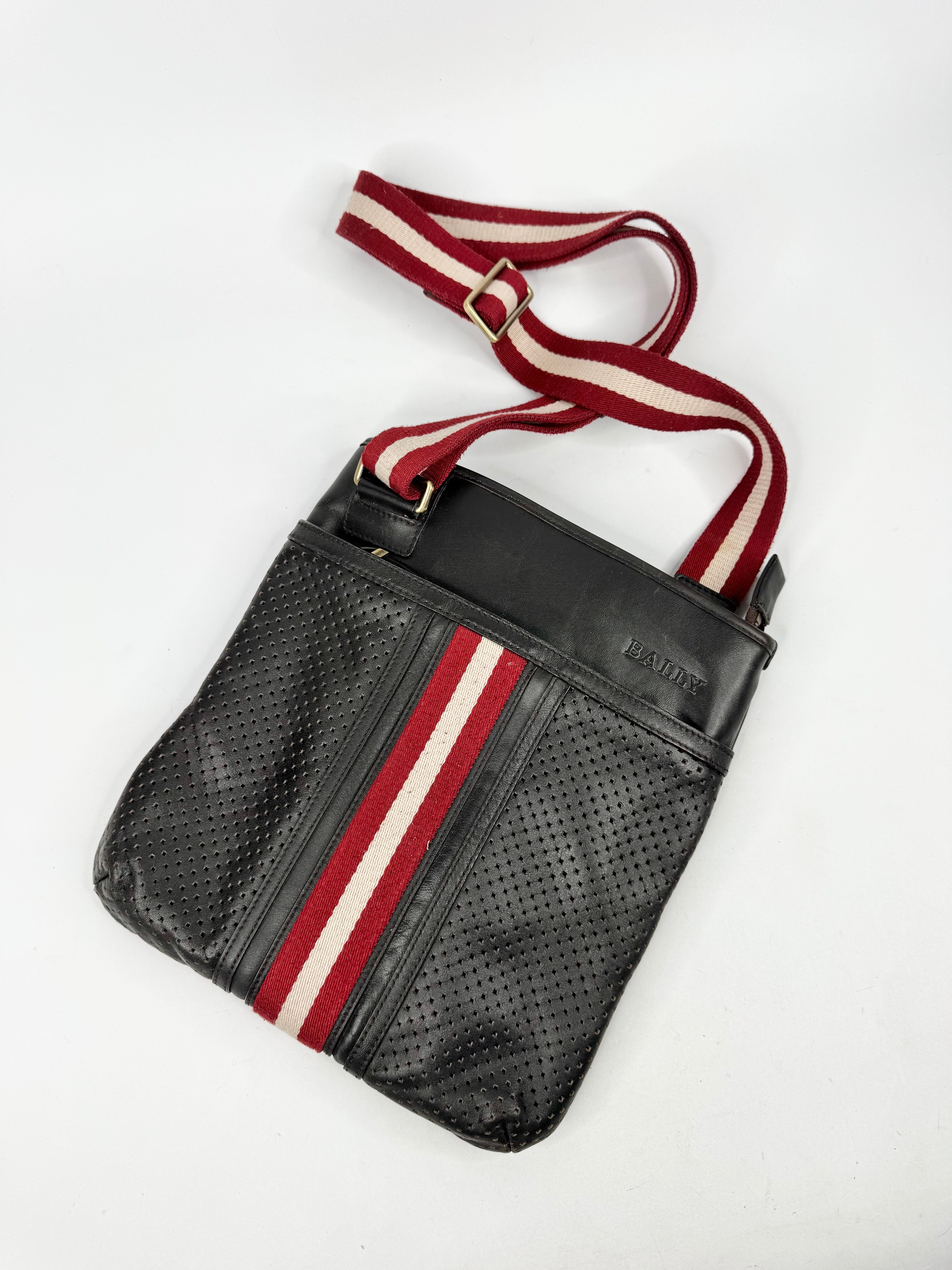 Bally Black Pinhole Patterned Leather Messenger Bag
