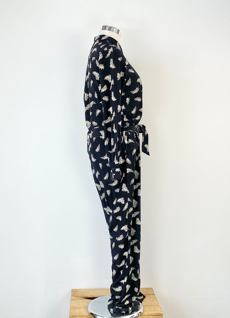 Sézane  Black & White Leaf Pattern Silk Jumpsuit - AU12