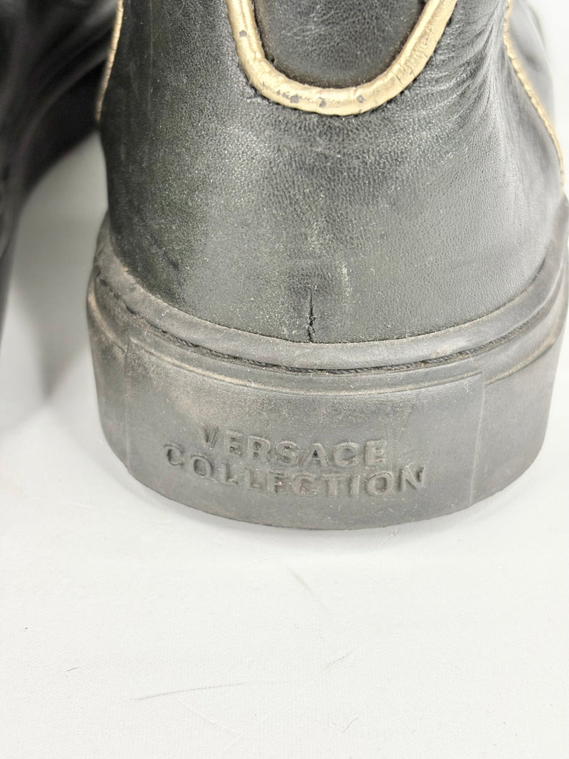 Versace Collection Black Leather & Gold Trim High-Top Sneakers - EU45