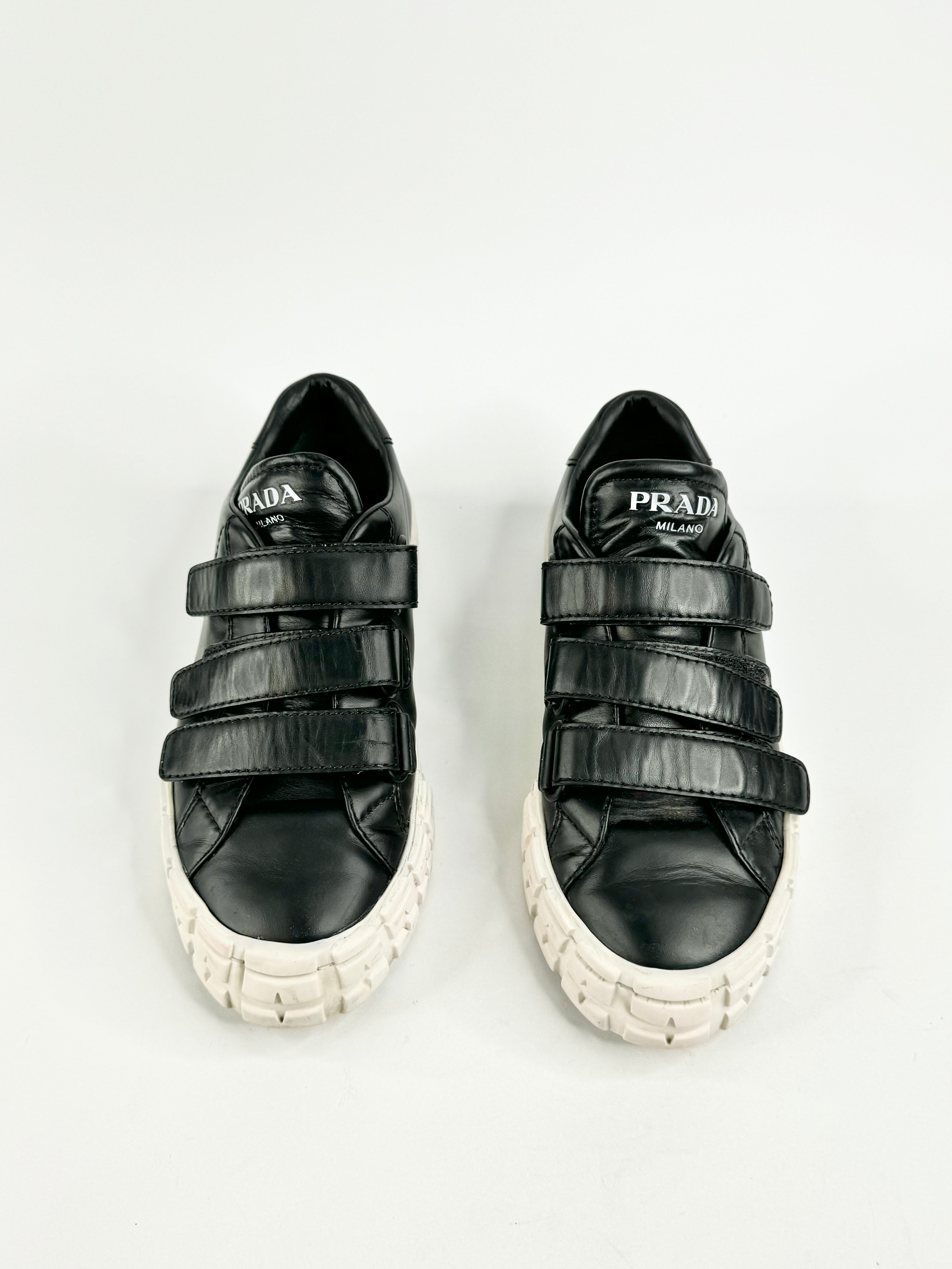 Prada Black Leather Three Strap Velcro Sneakers - EU37.5