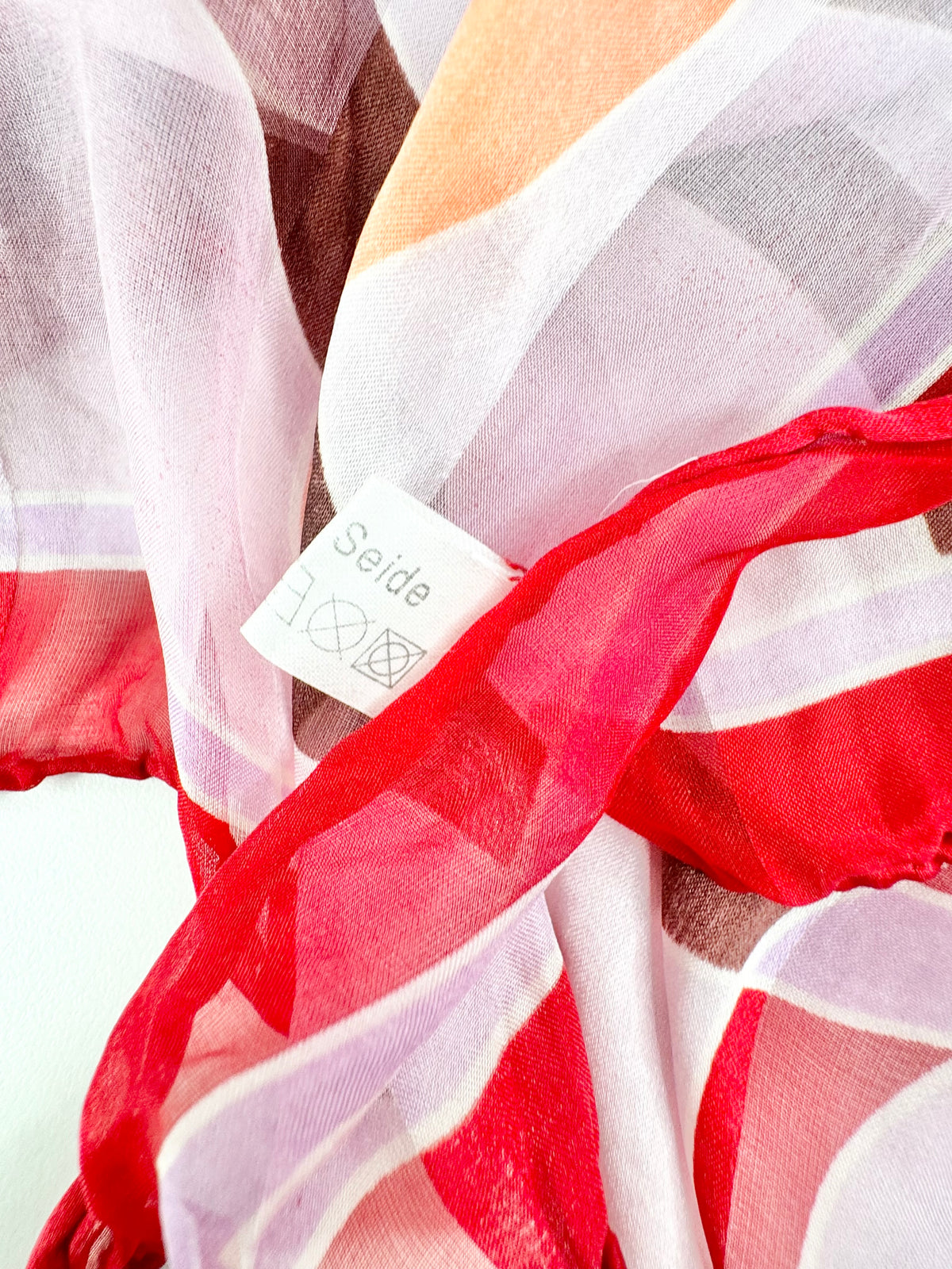 Retro Patterned Red & Lavender Hand-Rolled Silk Scarf