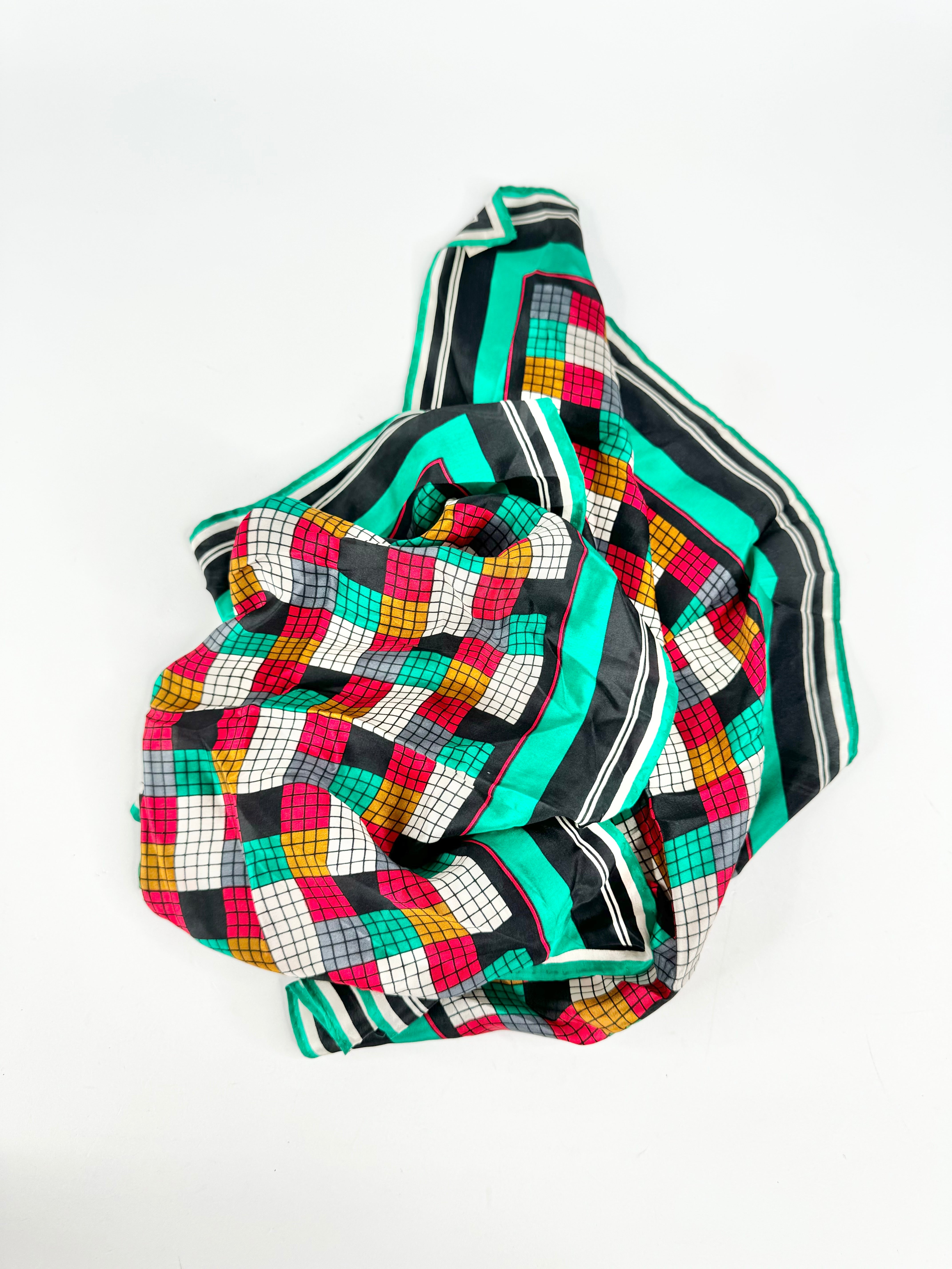 Oroton Emerald Green Grid Pattern Square Silk Scarf