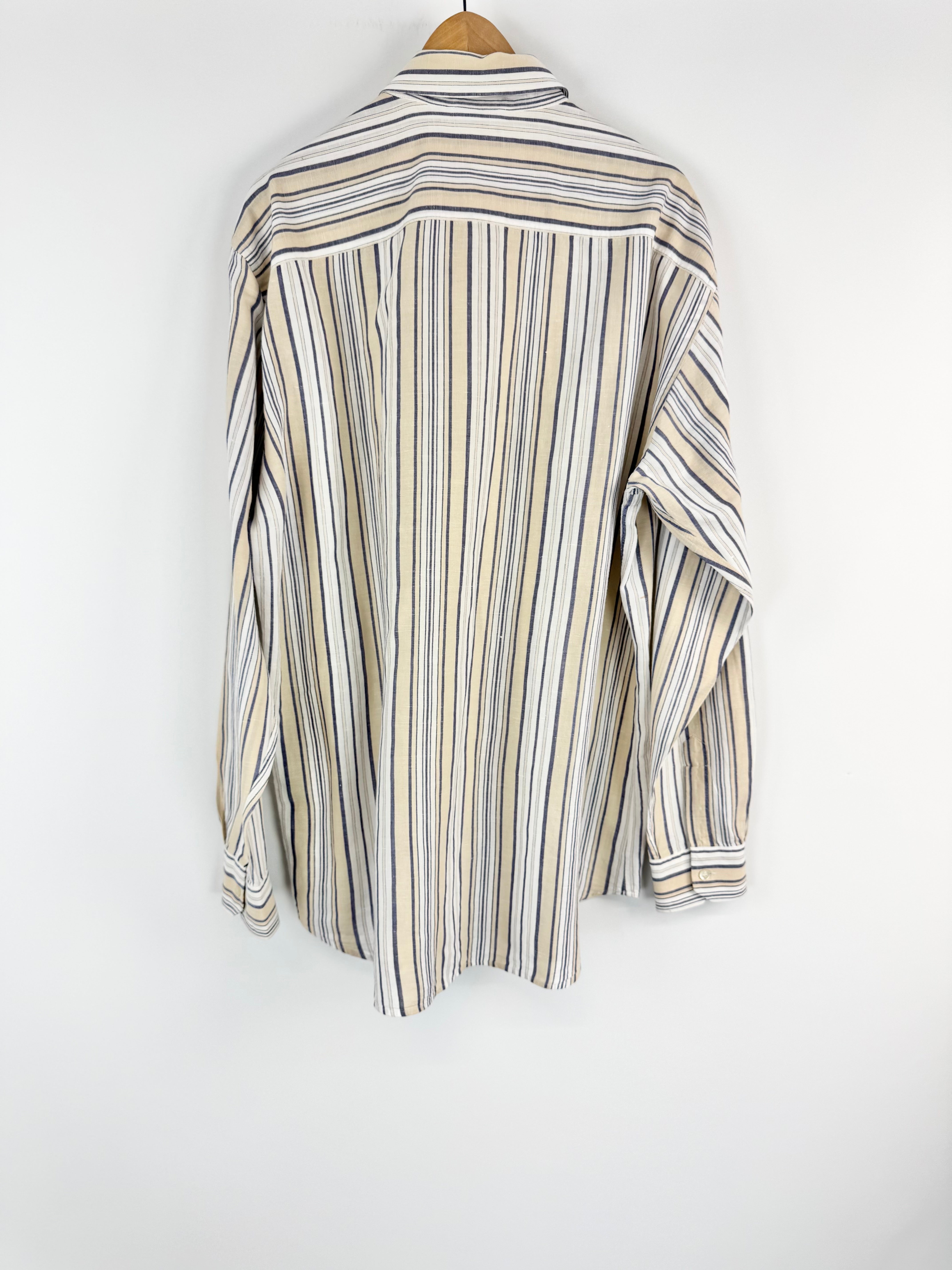 Zegna Sport Beige, White & Blue Striped Linen Shirt - XXL
