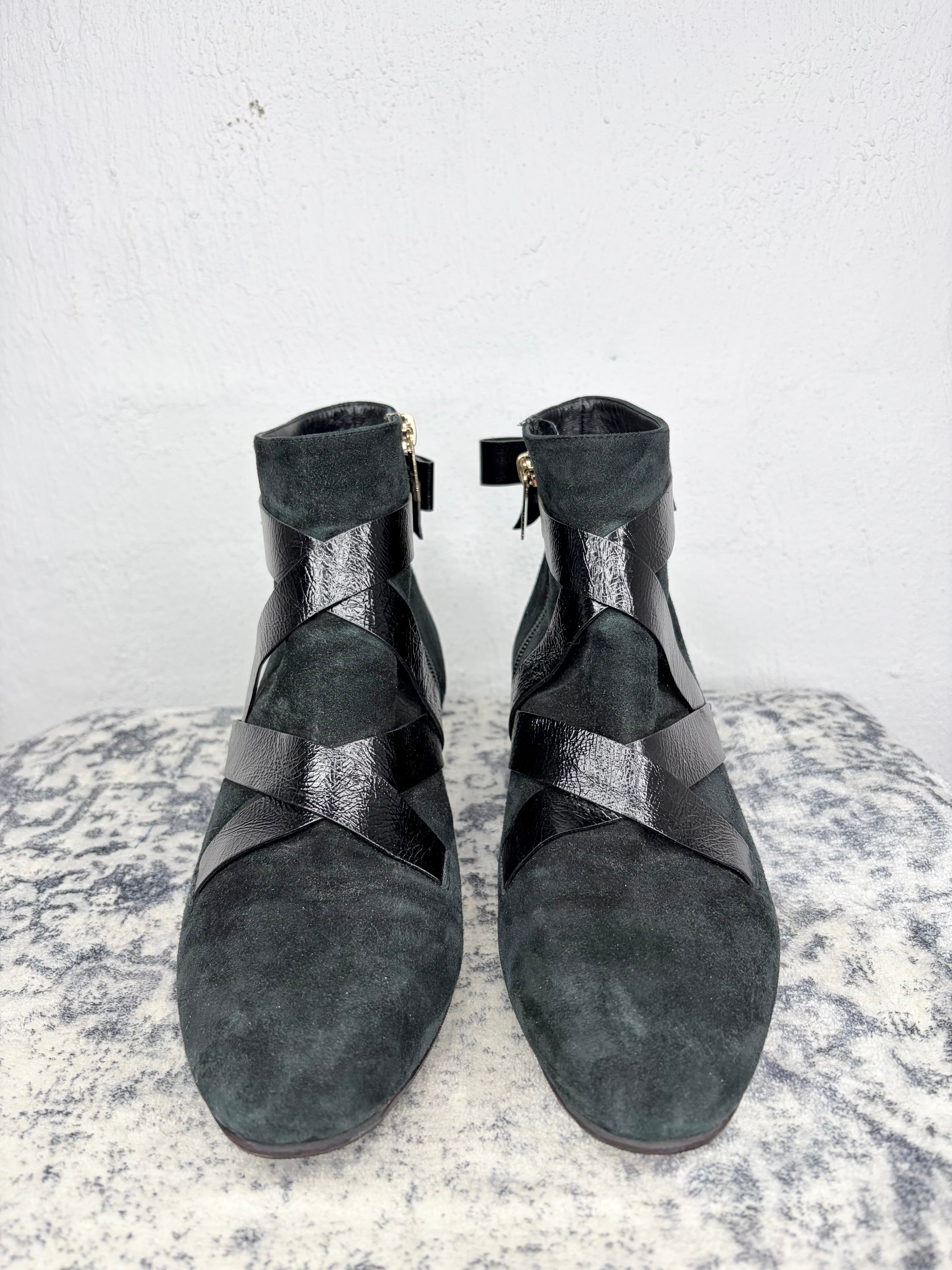 Jimmy Choo Black Suede Crackled Leather Strap Ankle Boots - EU40
