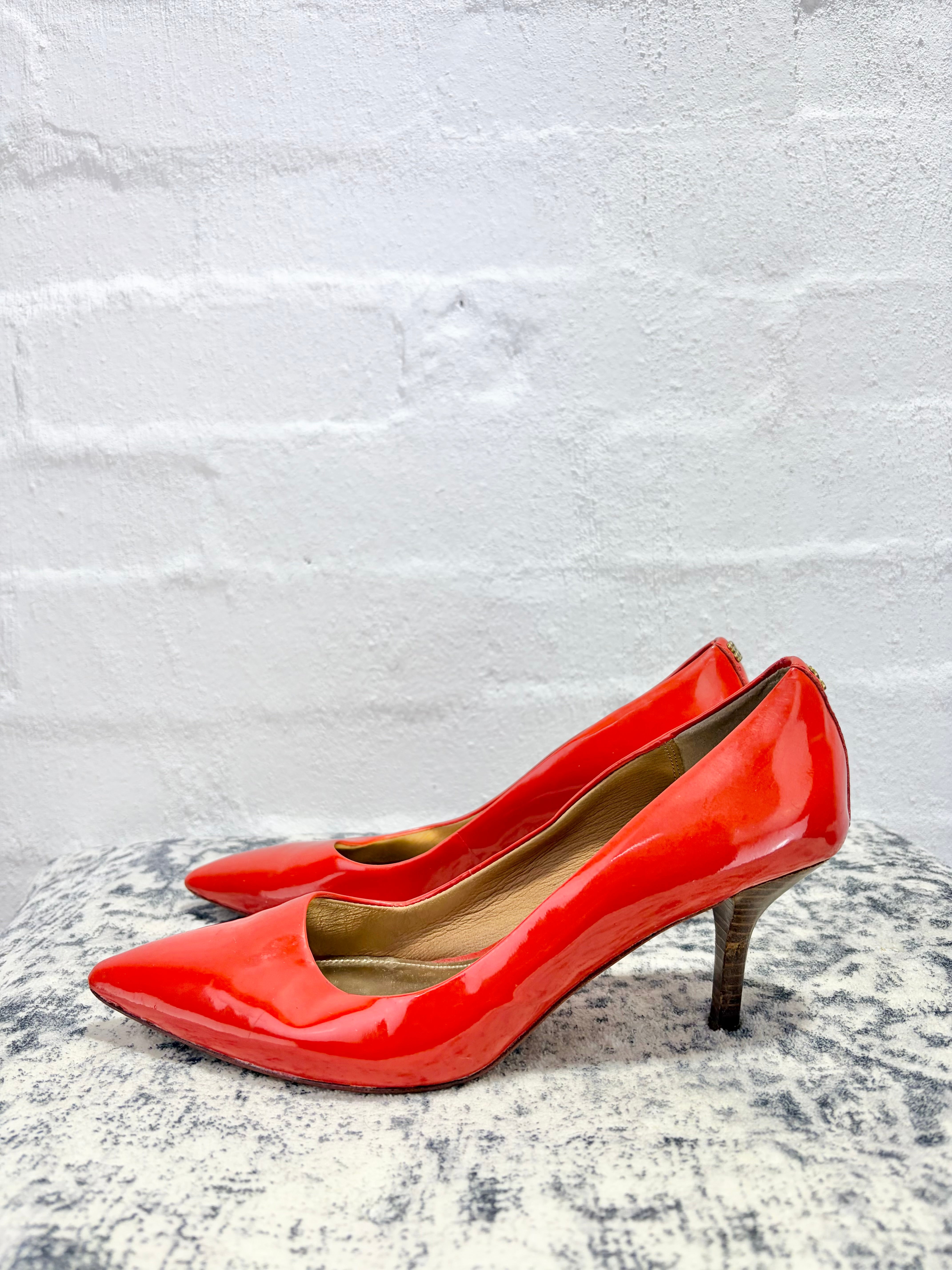 Coach Red Orange Patent Pointed Kitten Heel - EU40