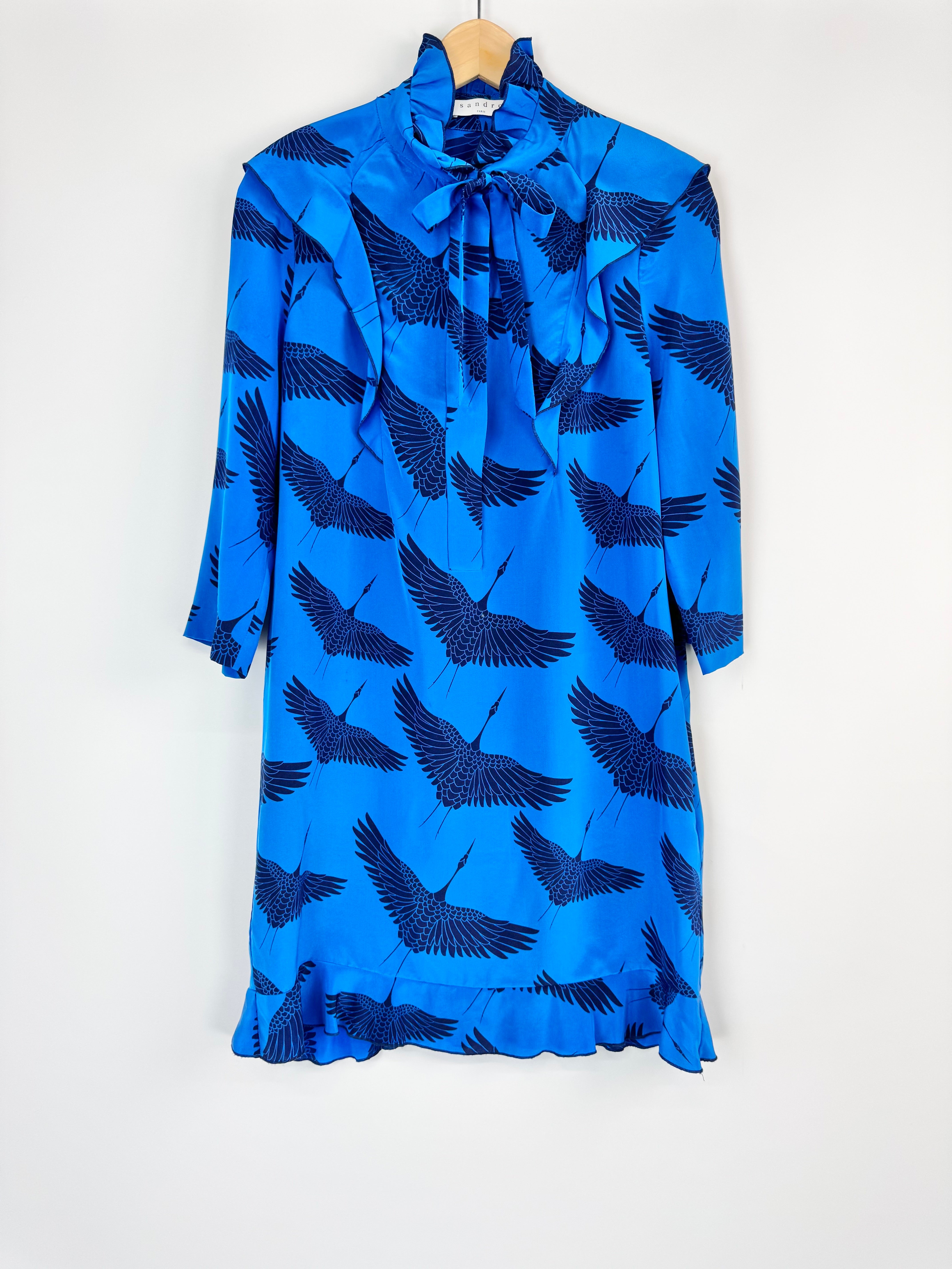 Sandro Paris Blue Crane Print Silk Dress - AU8/10