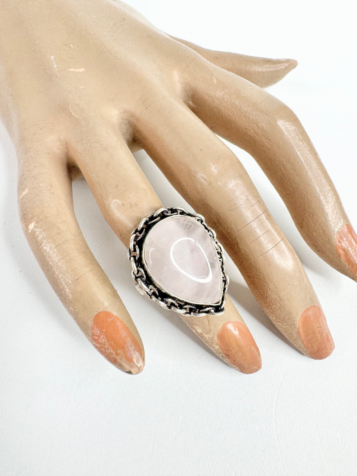 Silver & Rose Quartz Pear Cut Chain Ring