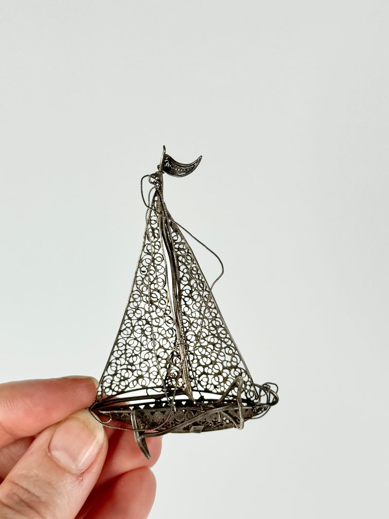 Vintage 900 Silver Handmade Filigree Ship Pendant