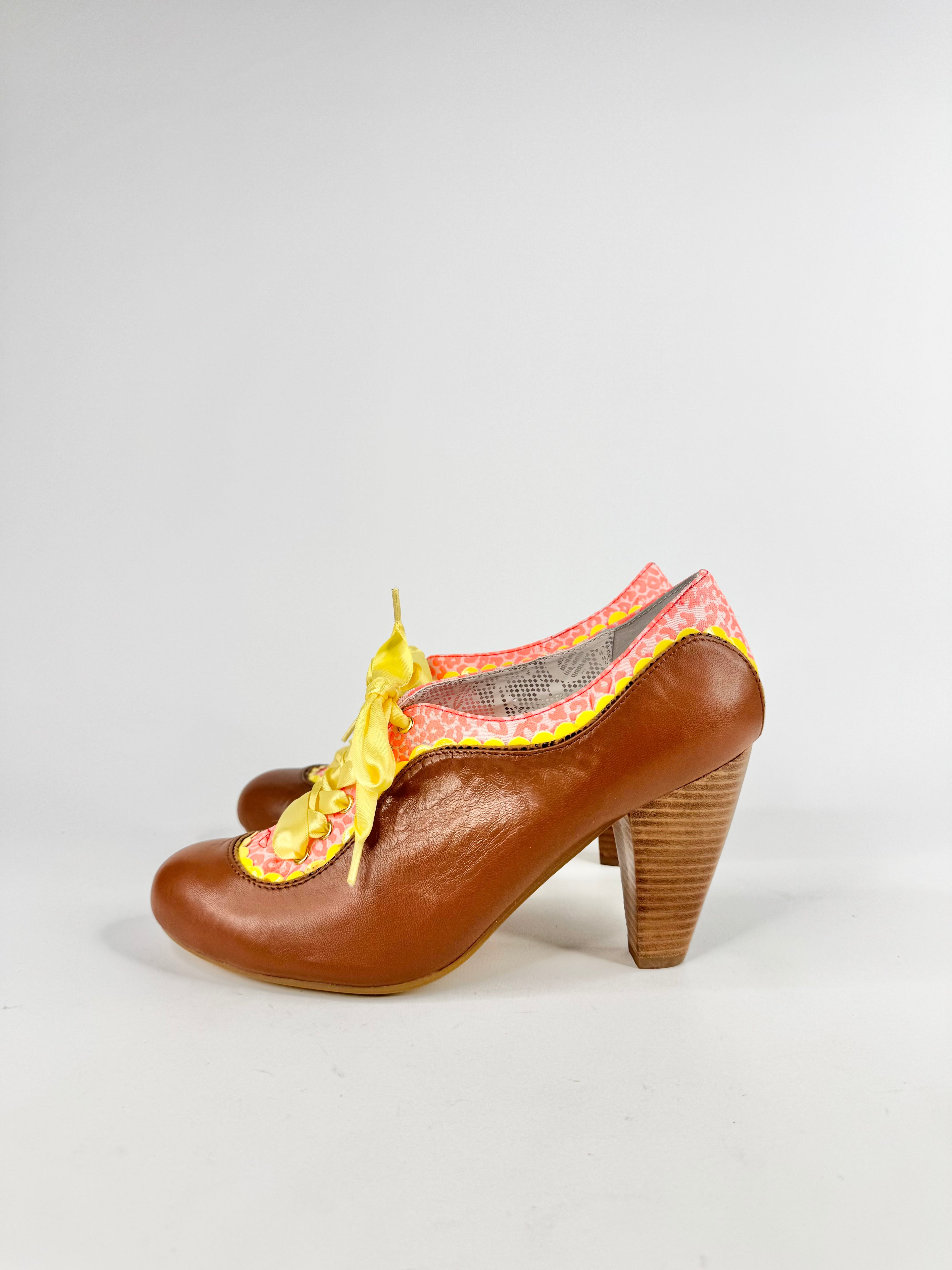 Poetic Licence Tan, Yellow & Pink Ribbon Lace Heels - EU40.5