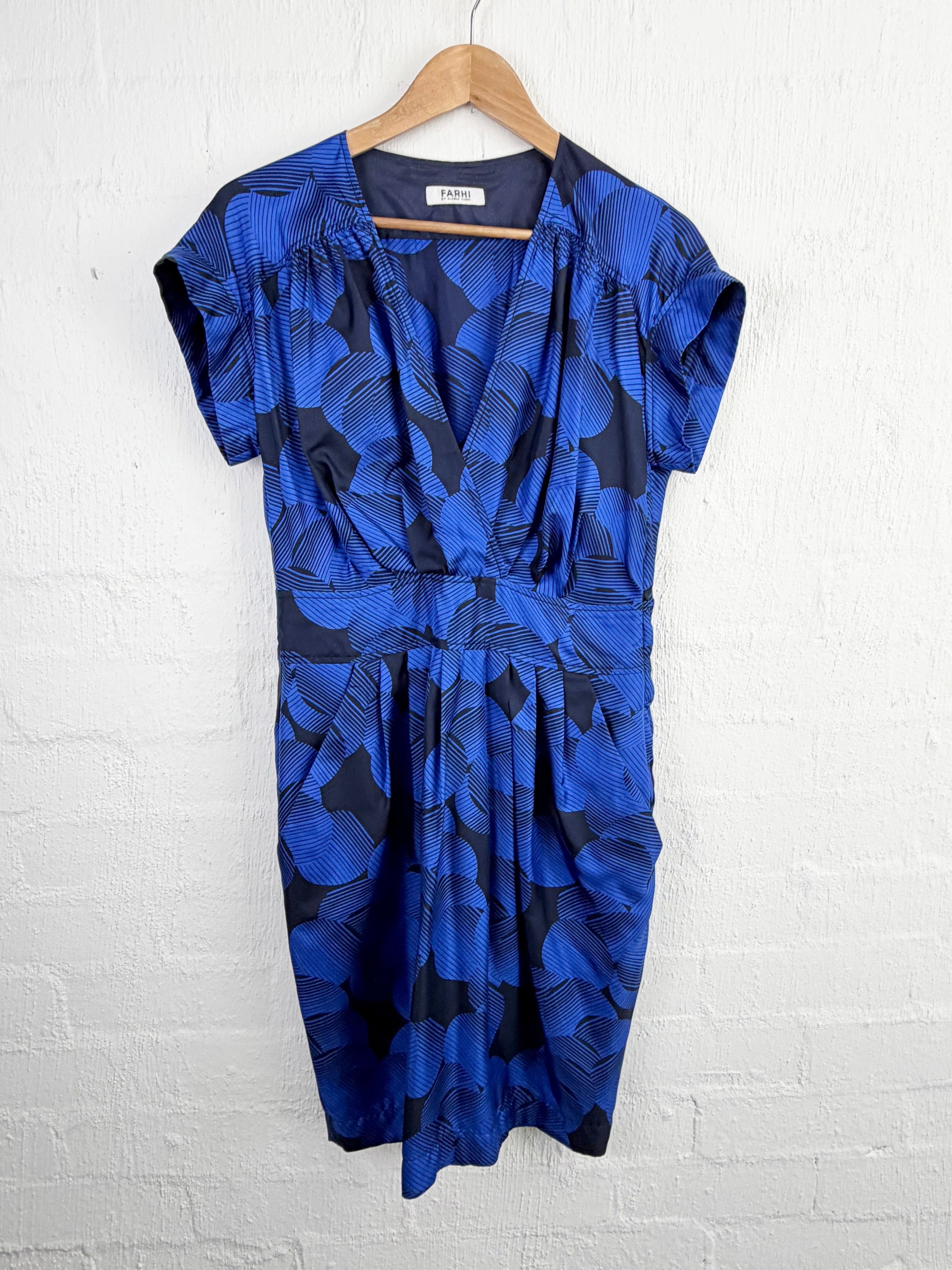 Farhi by Nichole Farhi Electric Blue & Black Patterned Silk Dress - AU14