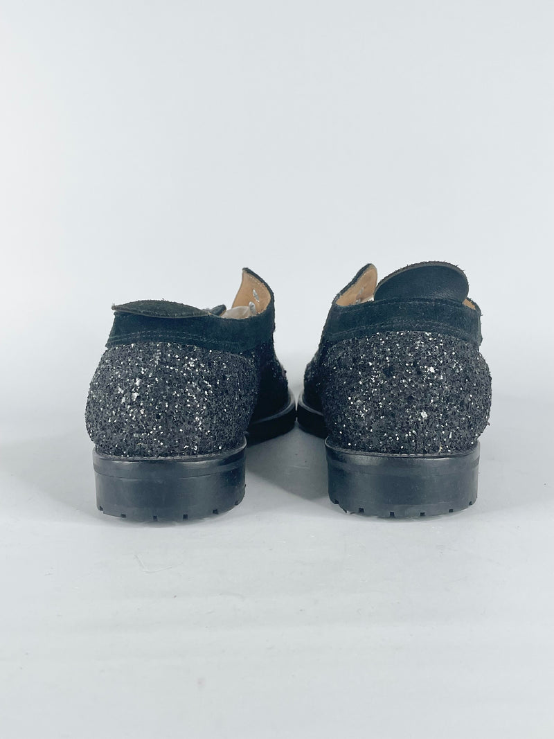 L'F Shoes Black Leather Glitter Studded Slip Ons - EU40