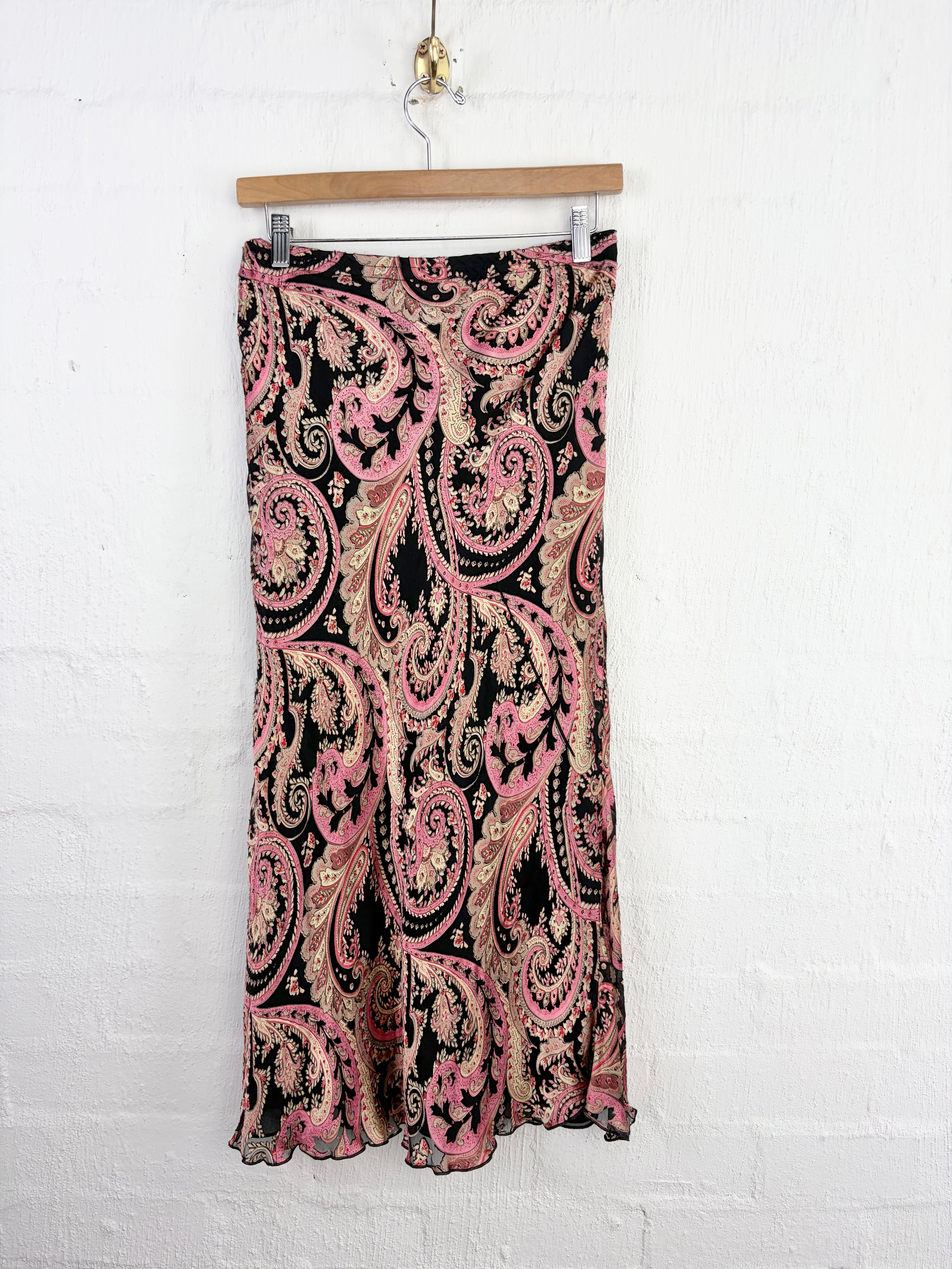 90s Bias Cut Pink & Black Paisley Pattern Midi Skirt - AU12