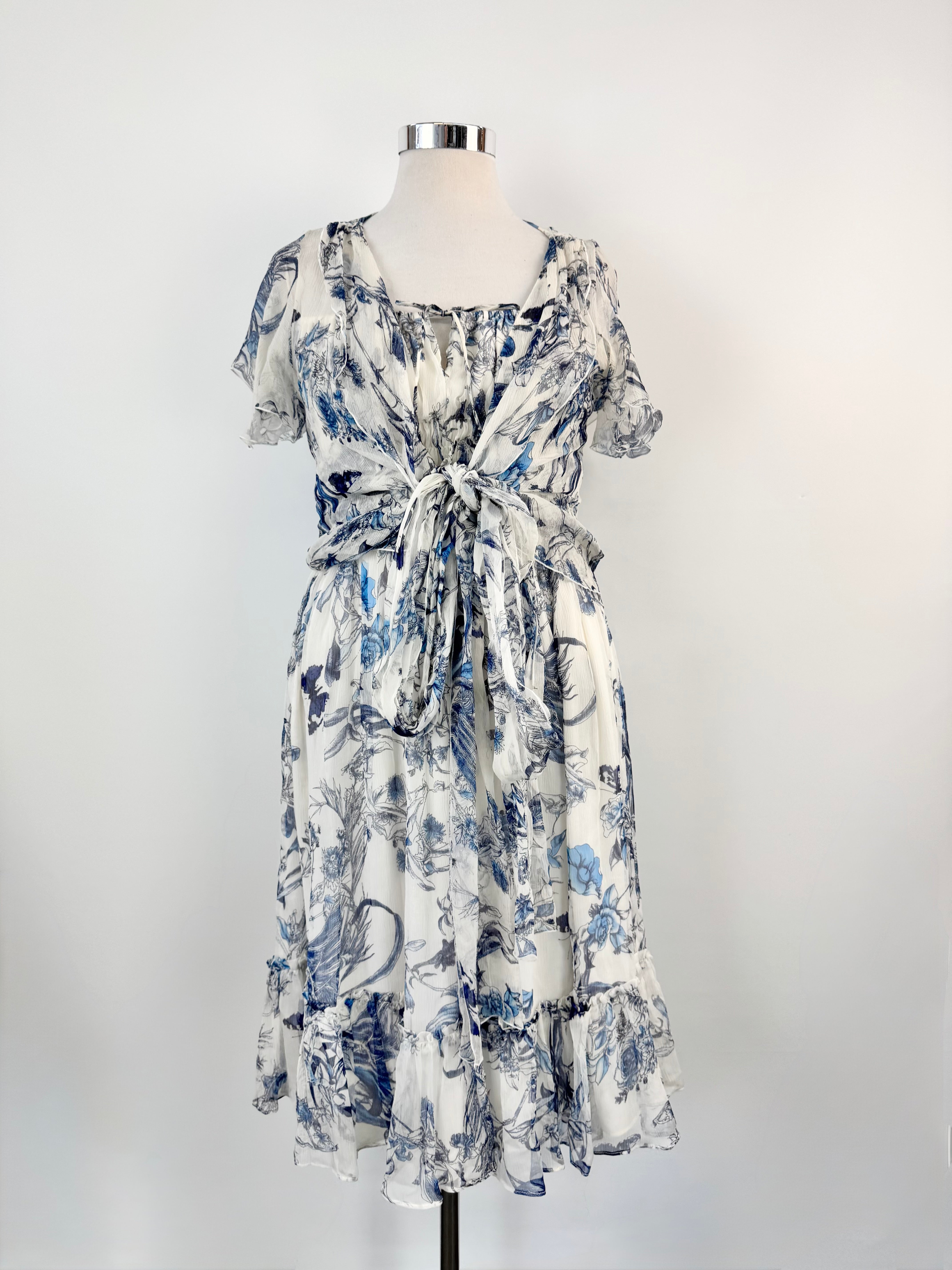 Carla Zampatti Blue White Toile Silk Dress & Blouse - AU12