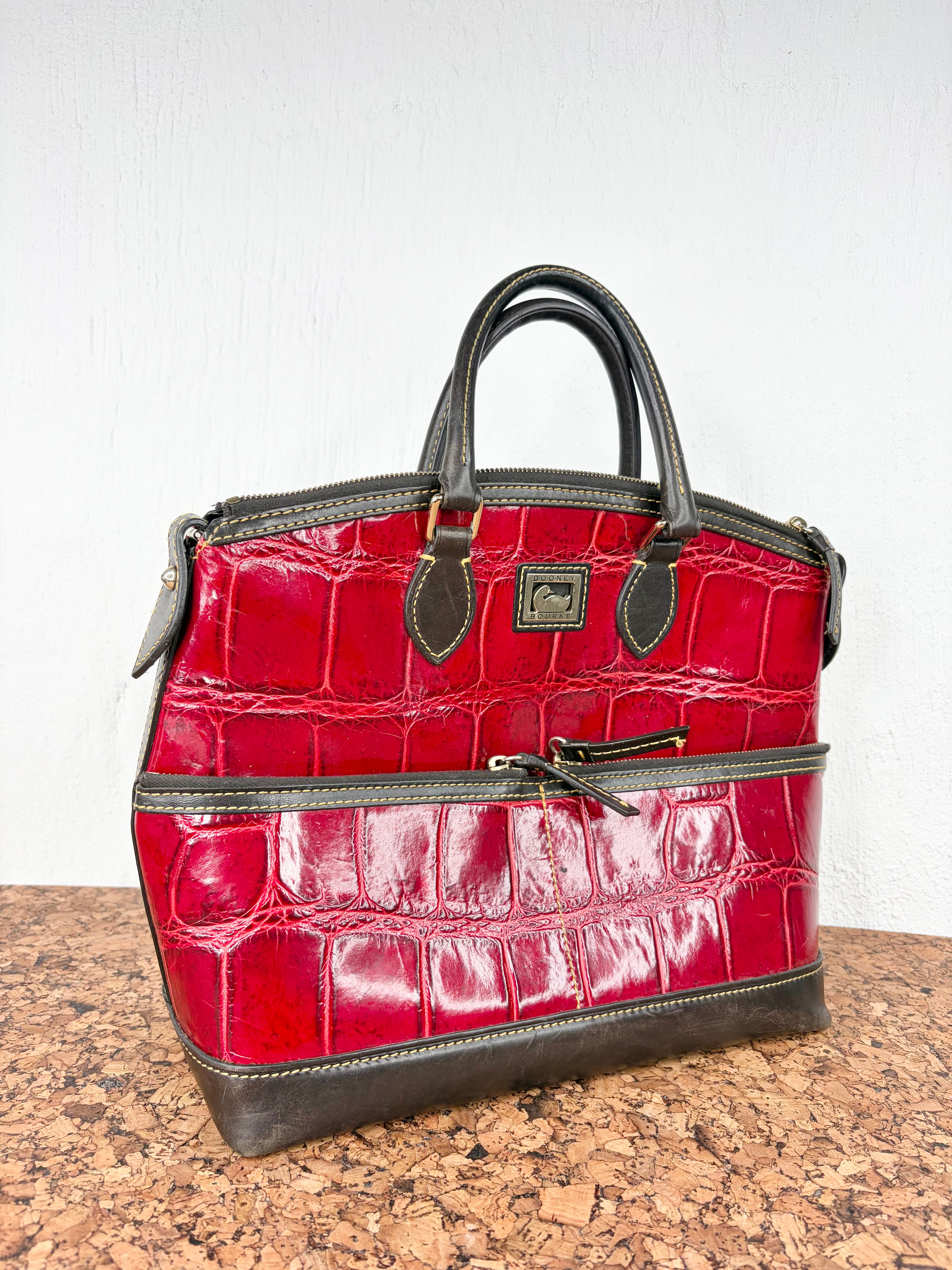 Dooney Bourke Red and Black Faux Croc Satchel Bag