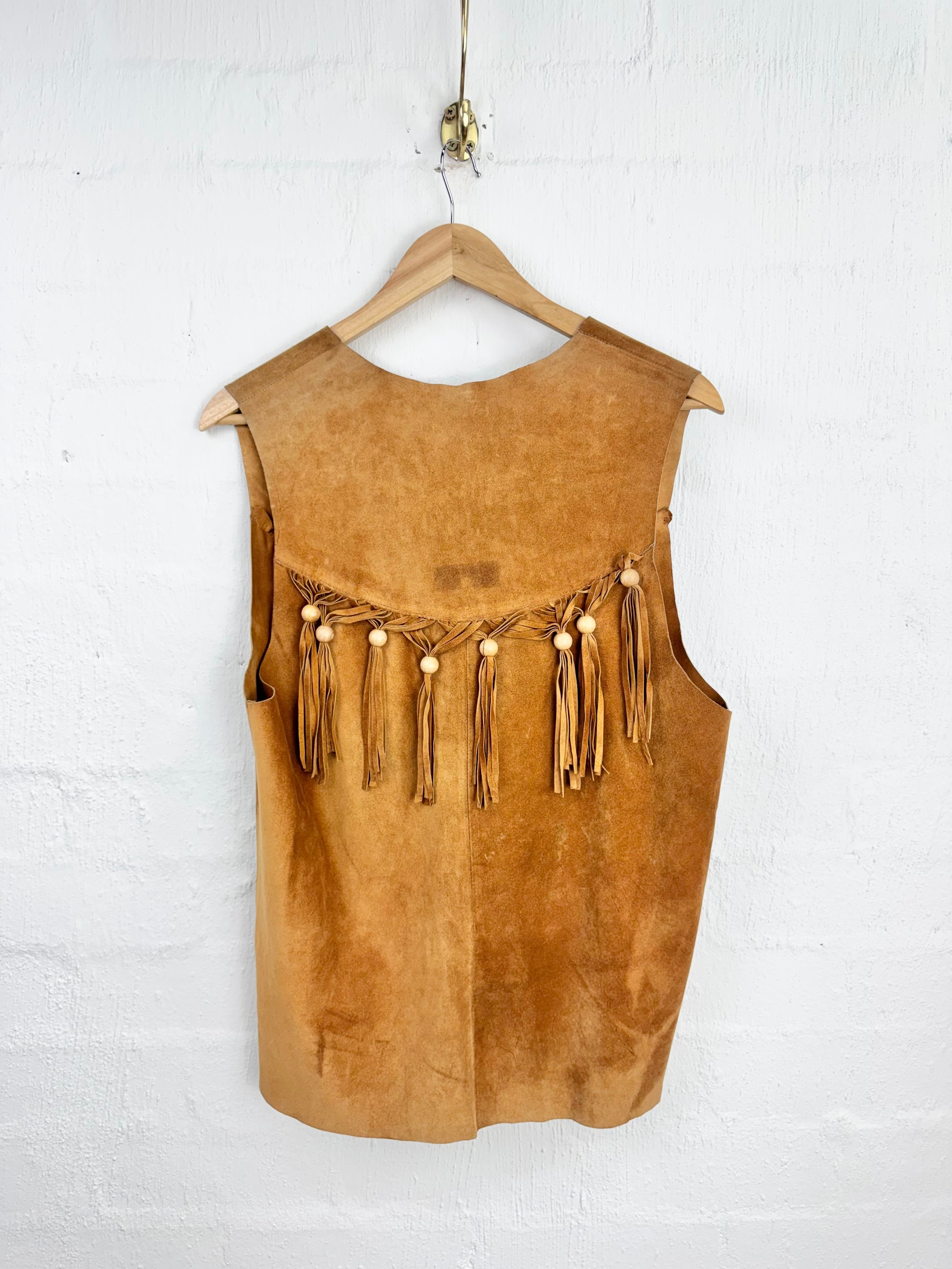 Vintage Tan Fringed Open Front Vest - AU10/12
