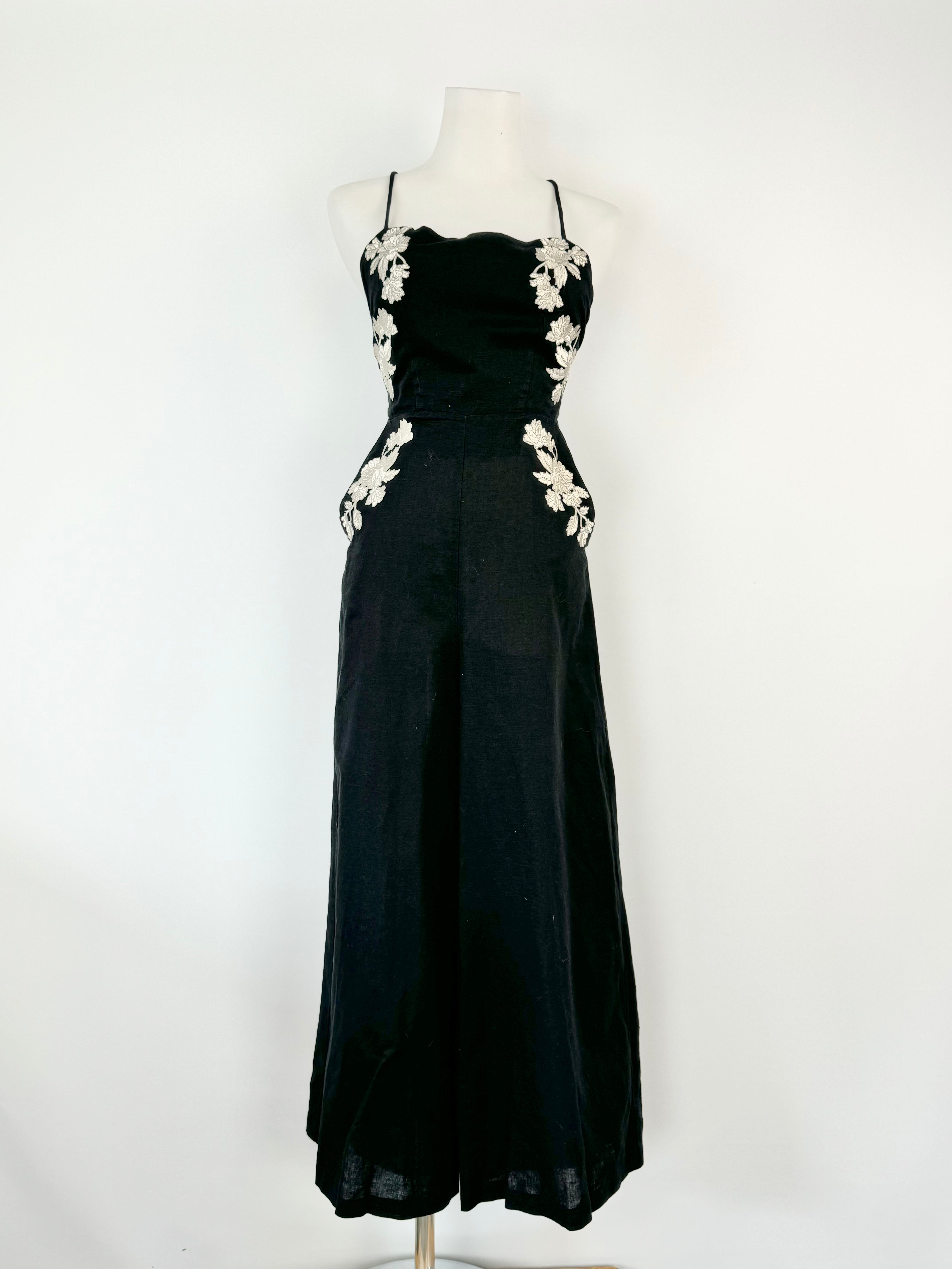 Zimmermann Black Linen Floral Embroidered Backless Jumpsuit - AU6/8